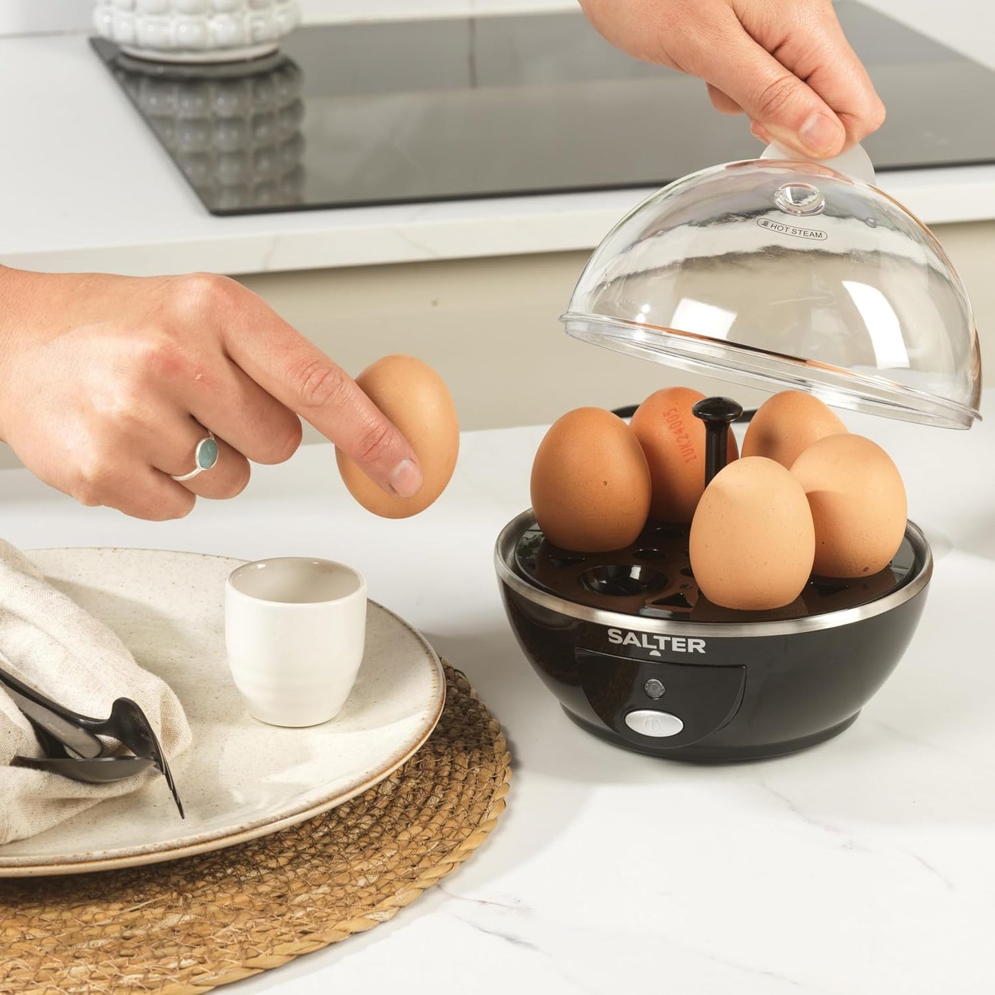Elektrischer Eierkocher für 6 Eier, inkl. Pochier-Einsätze, EU Stecker 6 Kapazität Für Eier