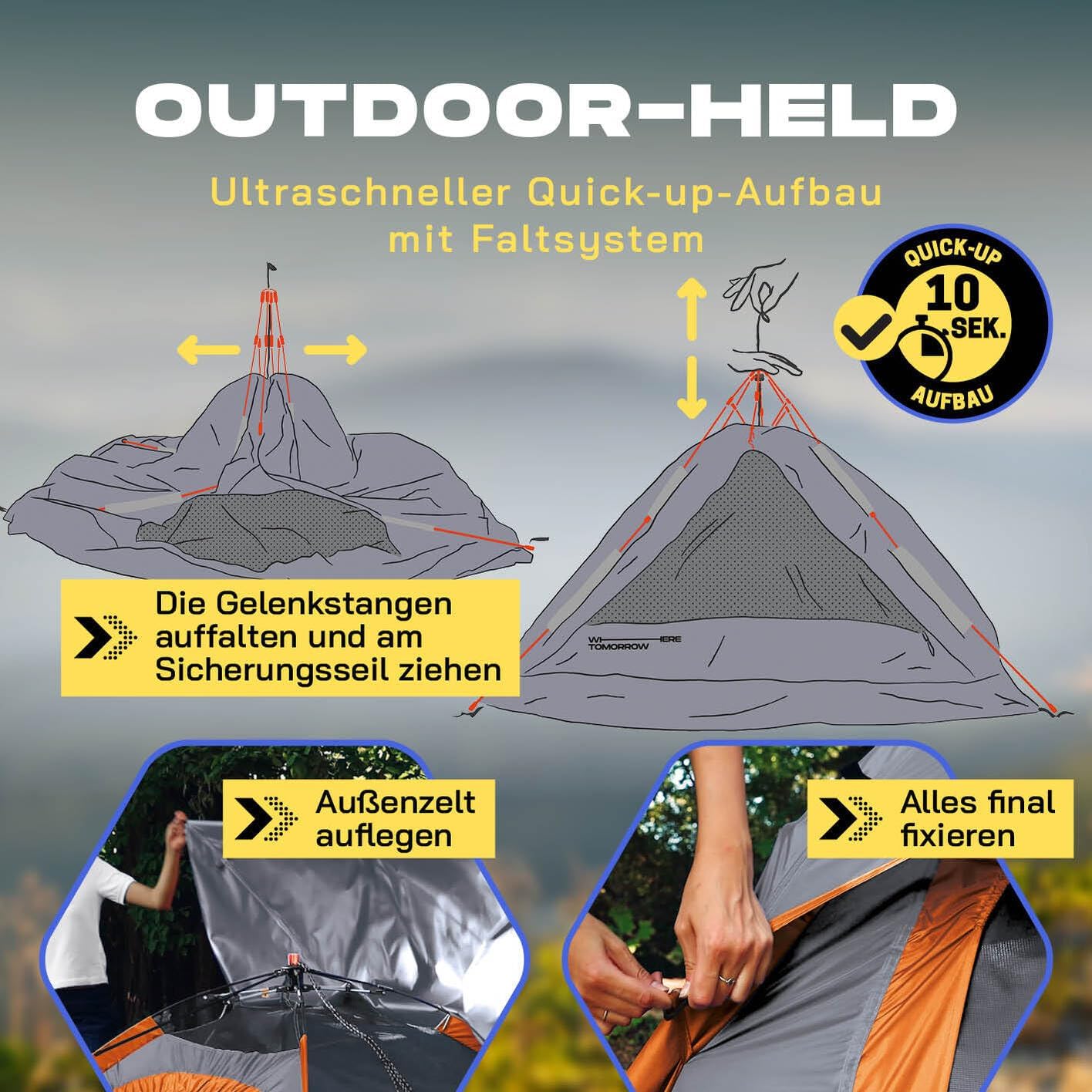 Pop Up Wurfzelt, Grau Orange 2-3 Personen | 1 Eingang