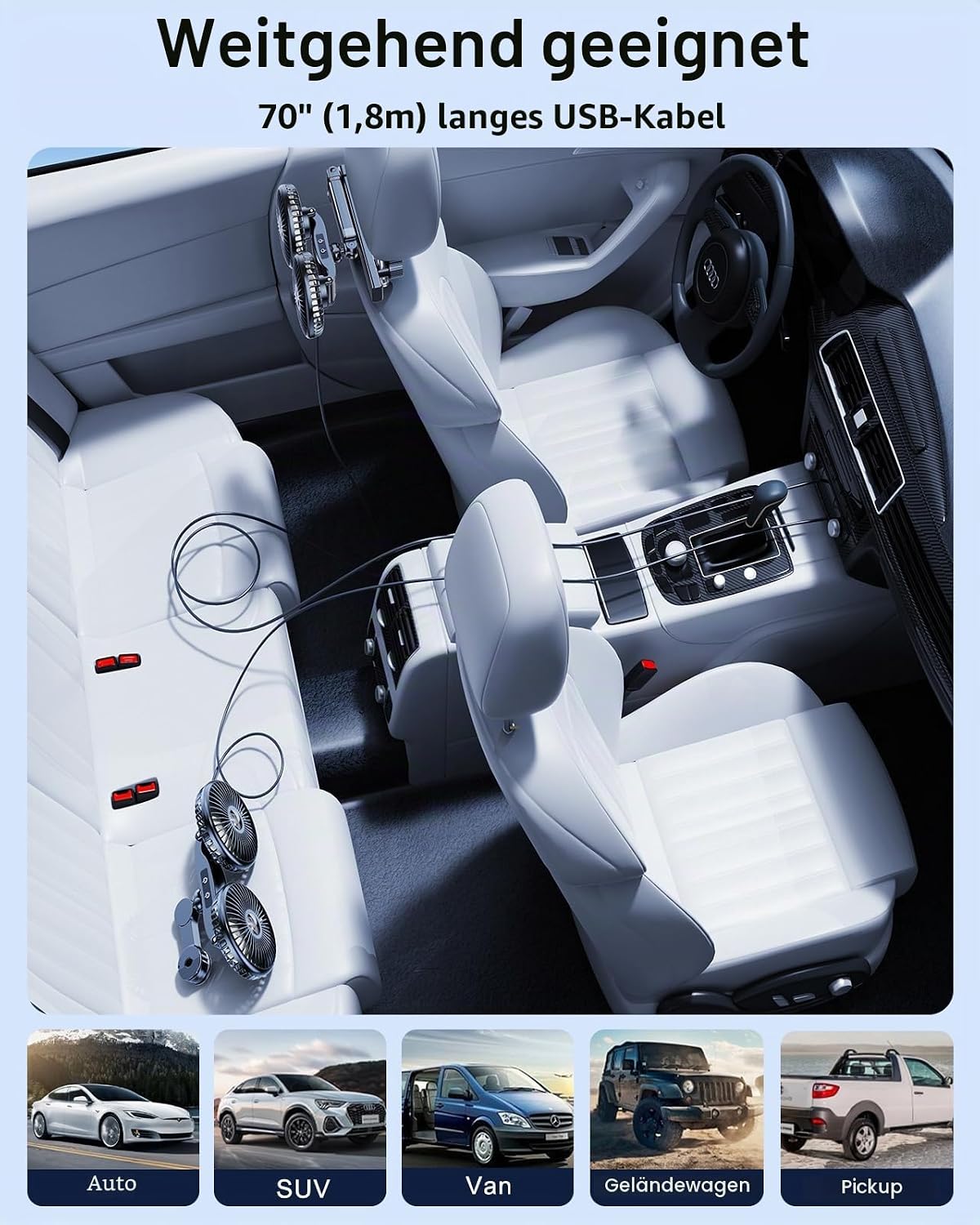 Auto-Rücksitzventilator mit einziehbarem Arm, 2000 mAh