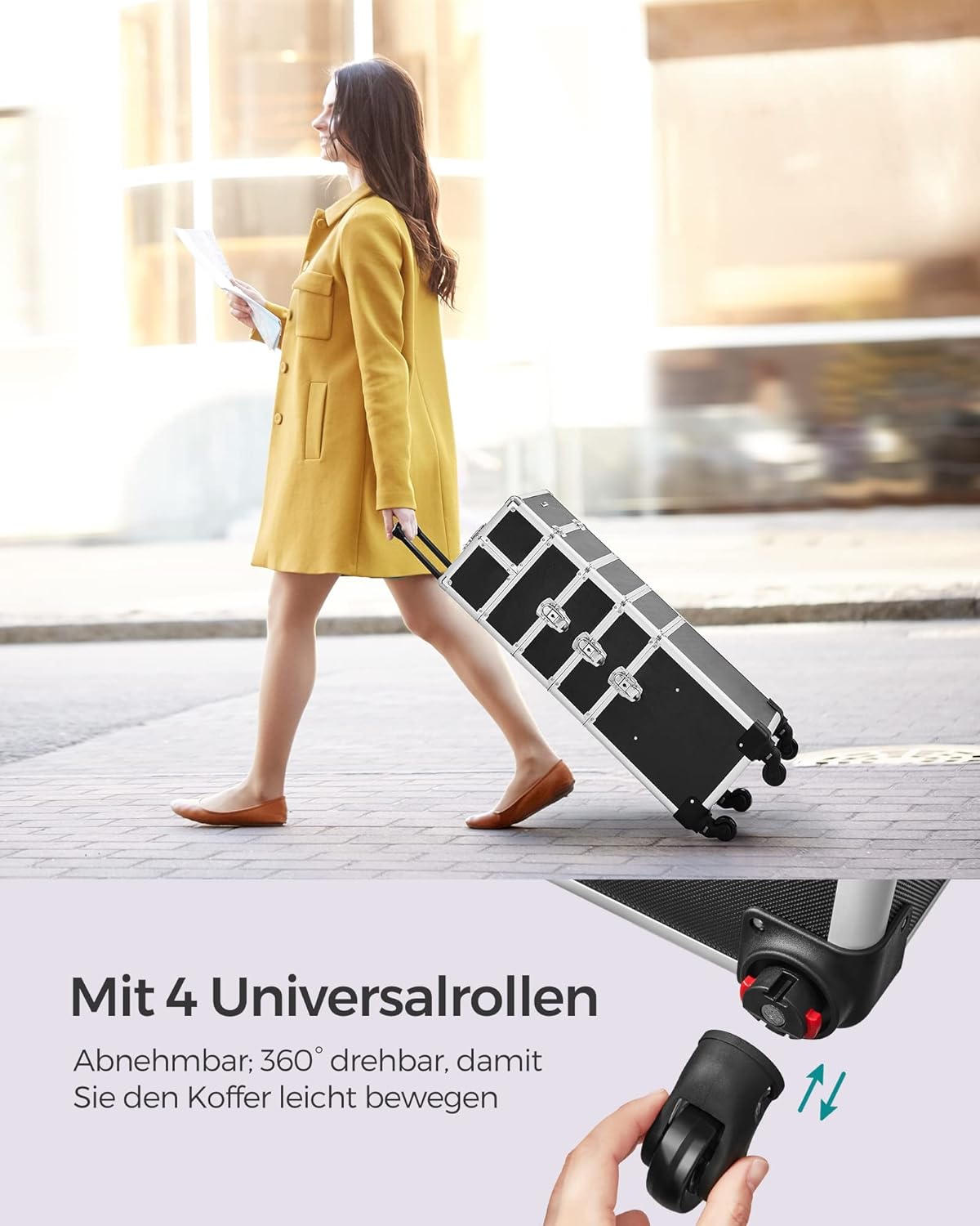 4-in-1 Schminkkoffer, abschliessbar mit Rollen, Schwarz 35 x 25 x 79 cm