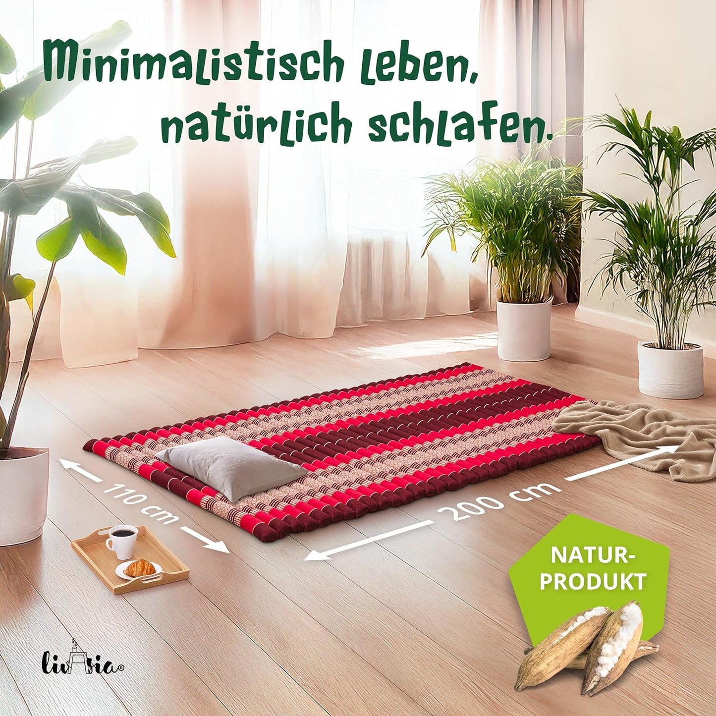 Rollmatte Rollmatratze aus Kapok 200x110 cm, L (200 x 110 cm) Rubinrot