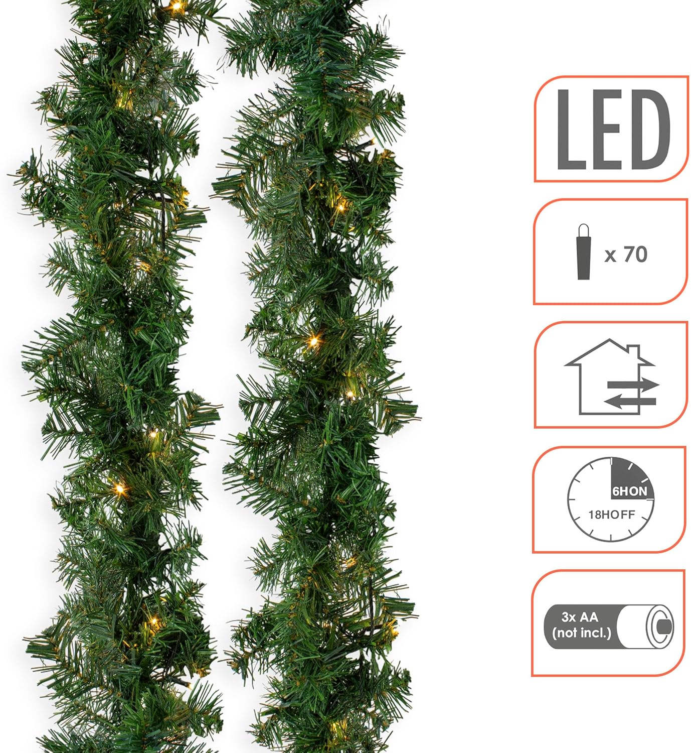 Weihnachtsgirlande mit LED Lichterkette und Timer, 540 cm / Batterie