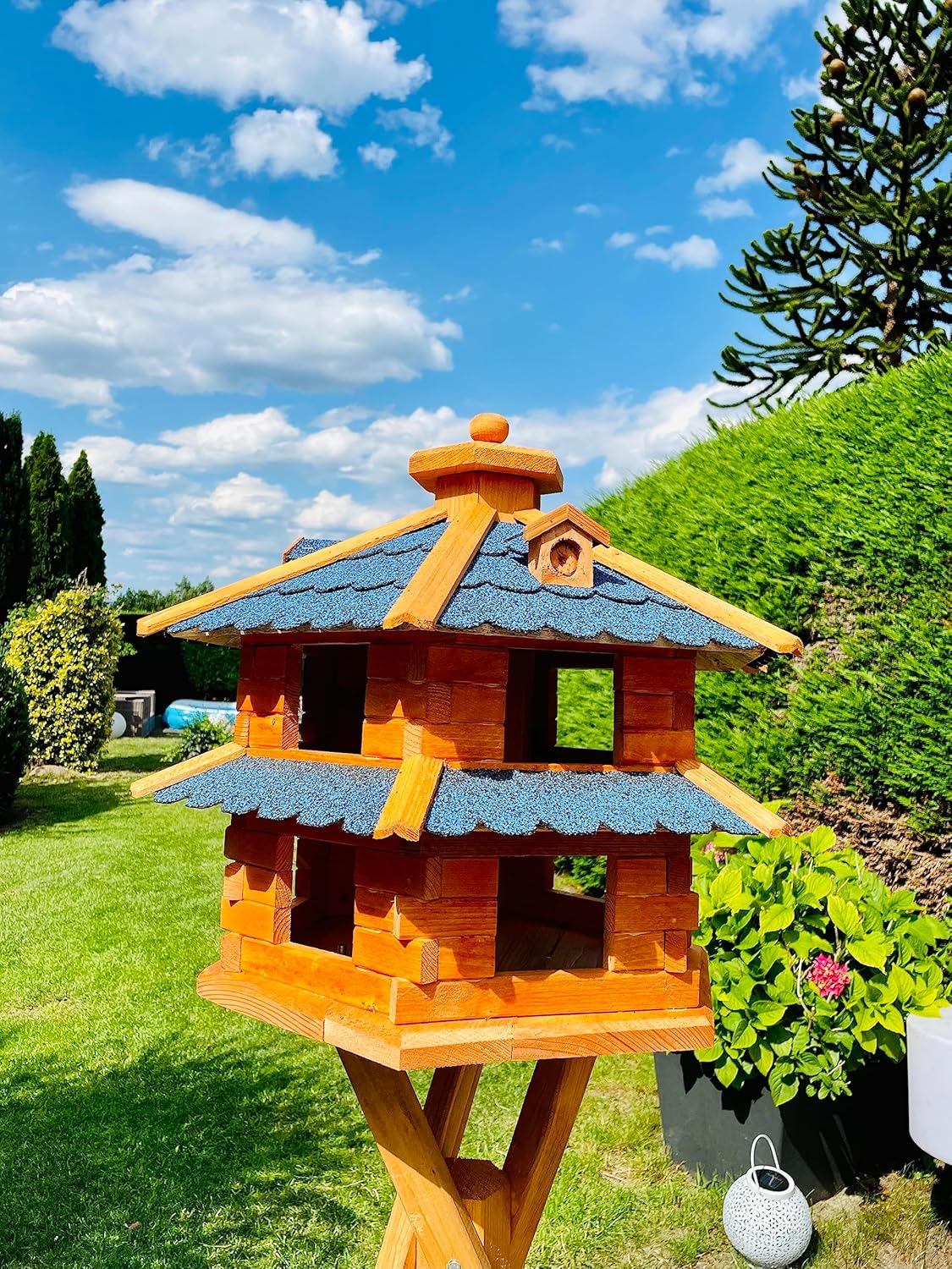 Vogel-Futterhaus XL aus Holz (ohne Ständer), Größe XL ohne Ständer Blau - Braun