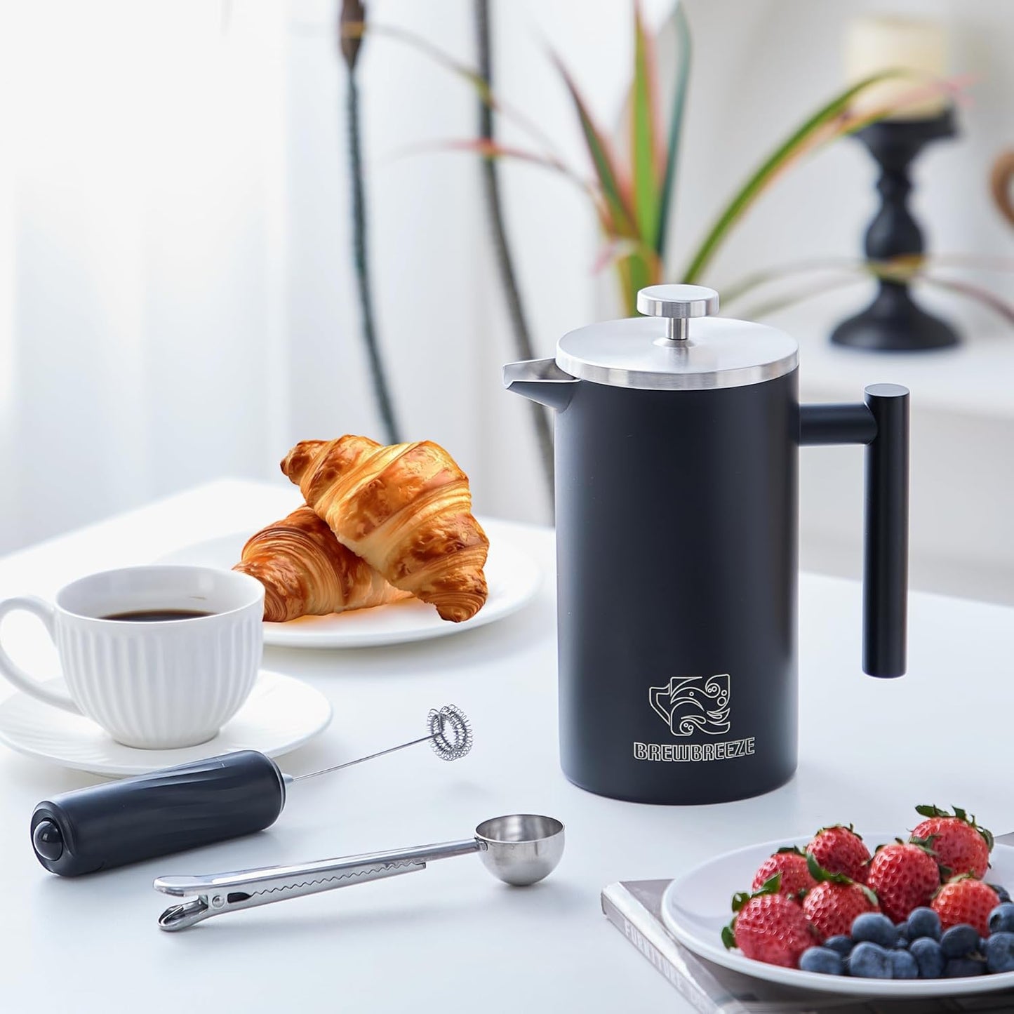 French Press Set mit Milchaufschäumer, Schwarz 1 Liter