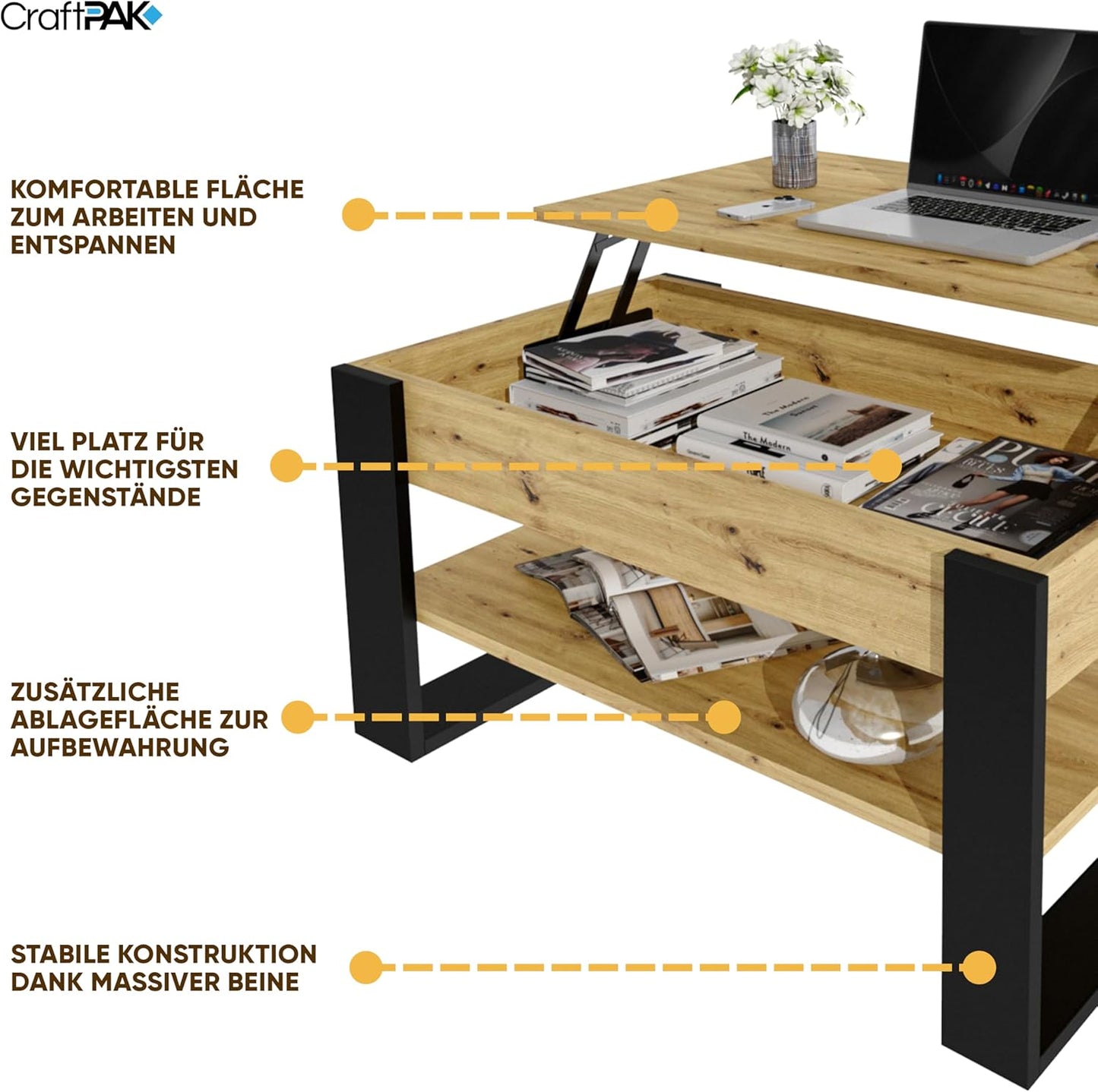 Höhenverstellbarer Couchtisch mit Stauraum, Artisan/Schwarz.