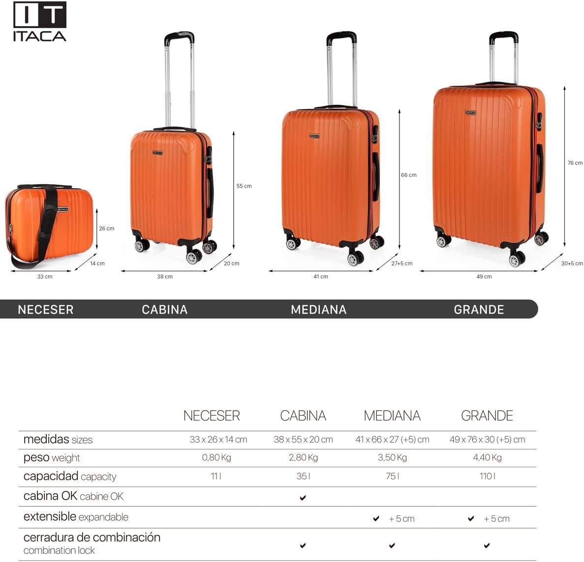 Handgepäck Koffer mit Beautycase, Mandarine / 55 cm + 35 cm