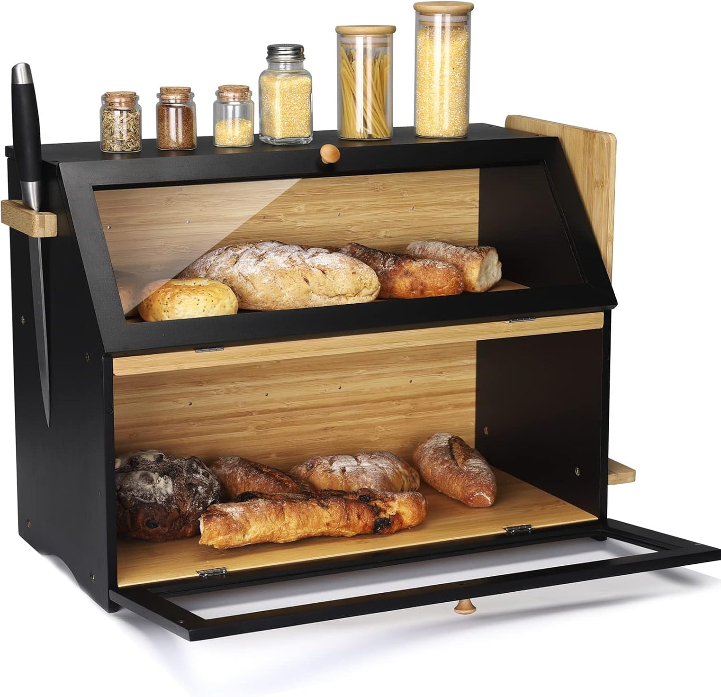 2-stöckiger Brotkasten mit Schneidebrett, Black(50x25x37cm/19.7"x9.8"x14.5")