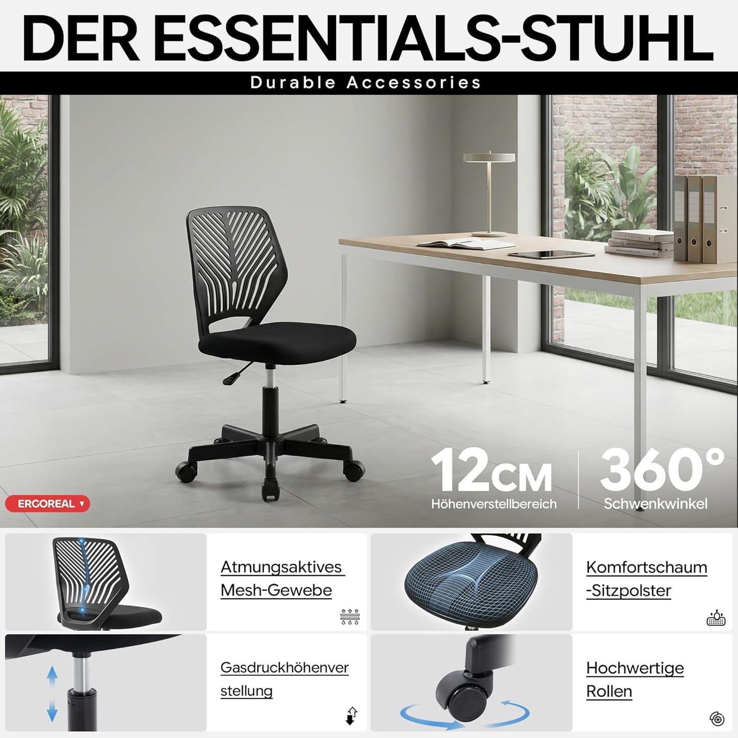 Ergonomischer Bürostuhl ohne Armlehne, Tiefe Schwarz