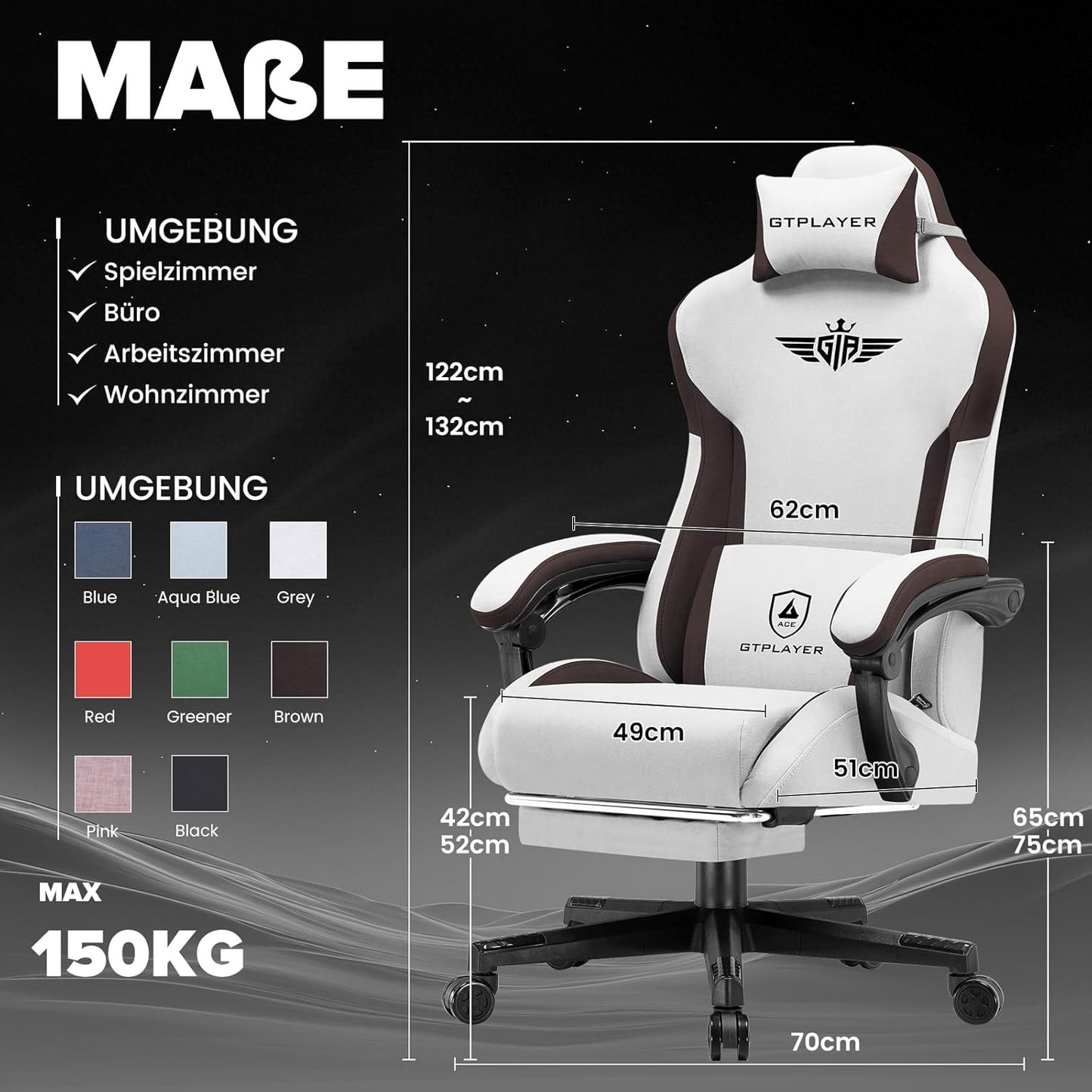 Ergonomischer Gaming-Stuhl mit Lendenwirbelstütze, Braun-stoff