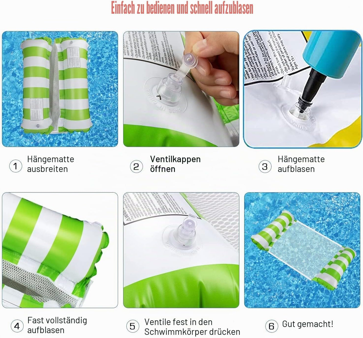 4-in-1 Wasserhängematten mit Luftpumpe, 1Rot + 1Blau