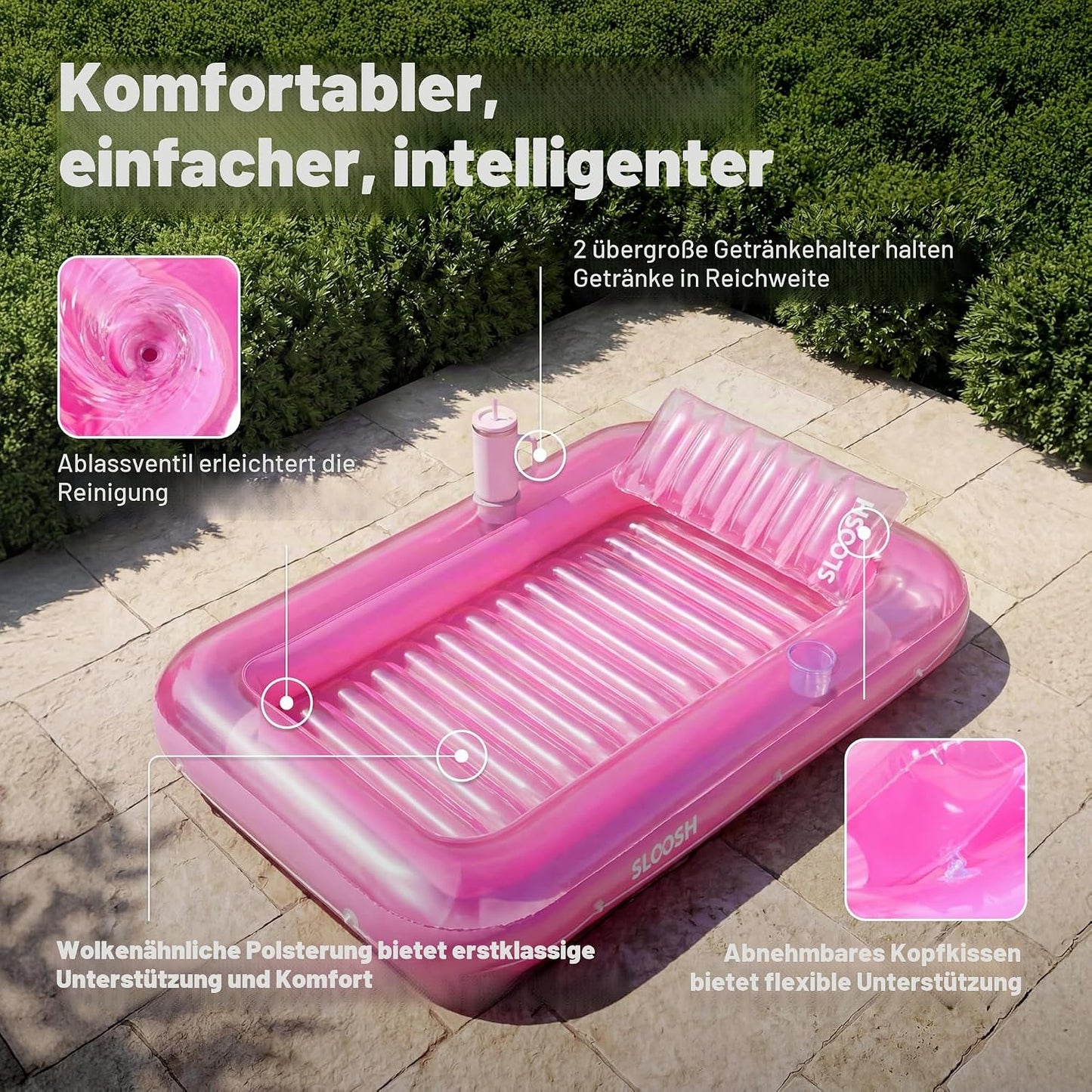 Aufblasbarer Sonnenpool mit abnehmbarem Kissen und Getränkehalter, Rosa XL
