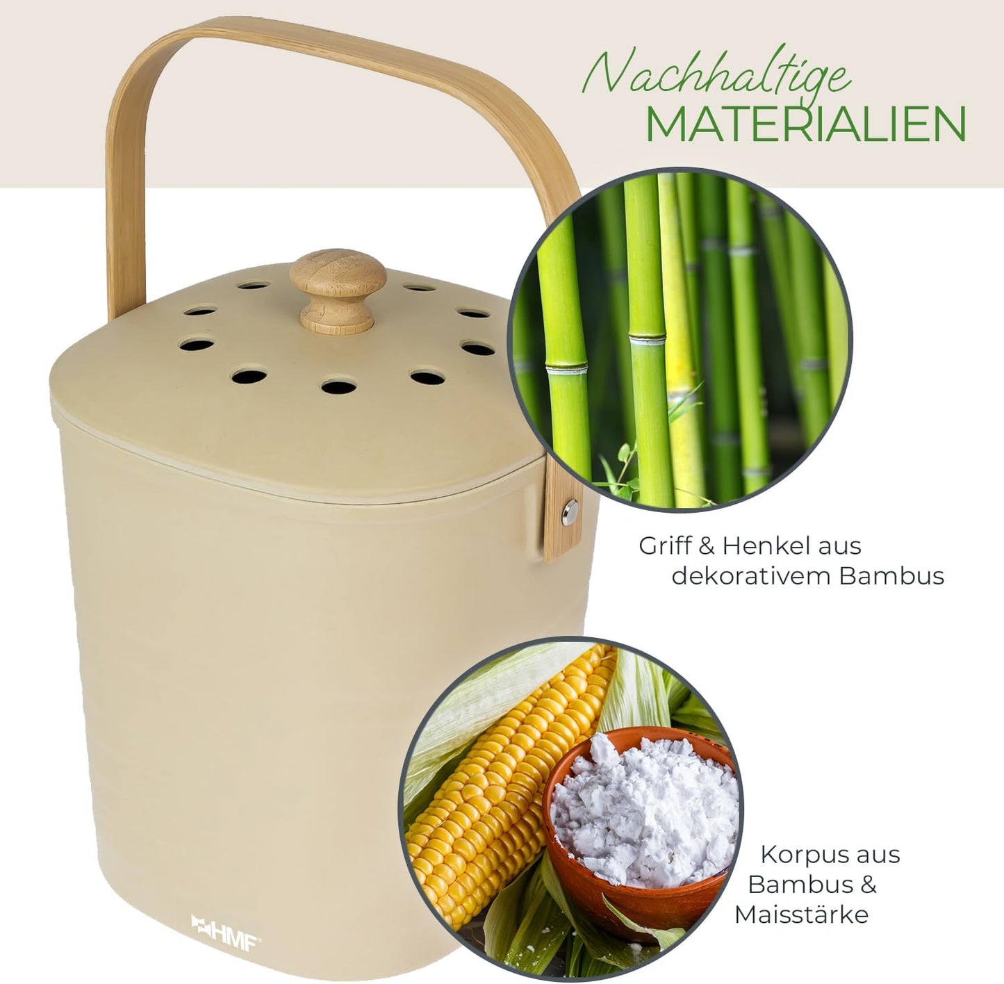 Geruchsdichter Komposteimer mit Deckel, Beige 3 L