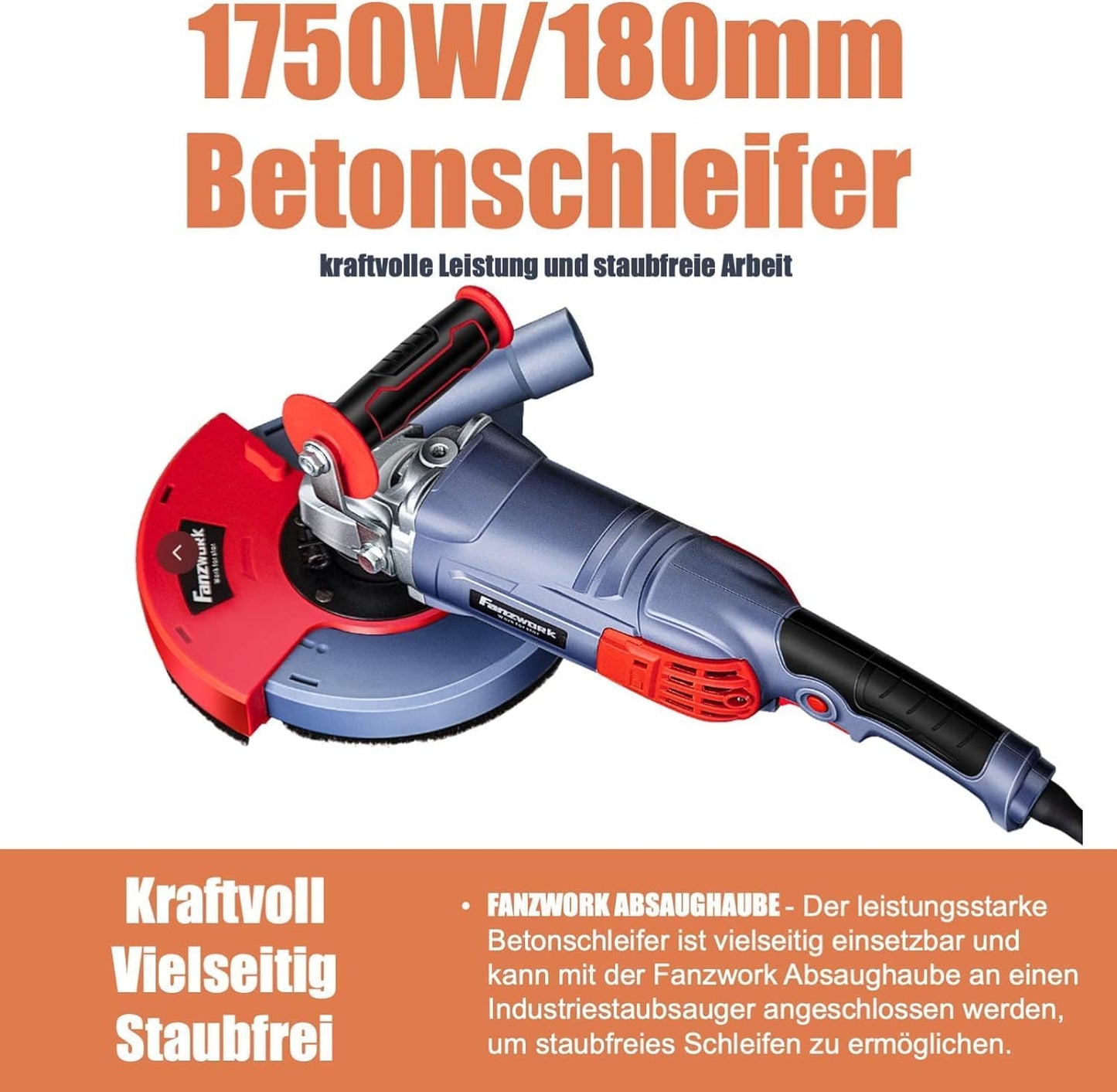 Betonschleifer Set mit Diamantschleiftöpfen, 1750W/180mm+