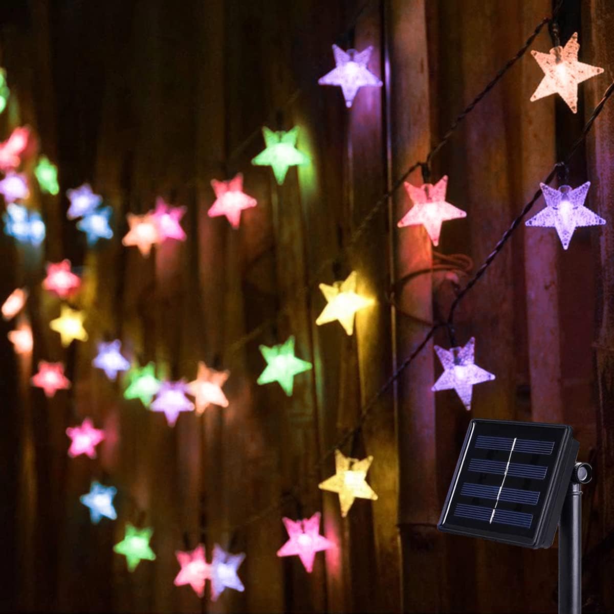 Sternenförmige Solar LED Lichterkette, wetterfest, Bunt (1,19 €/M)