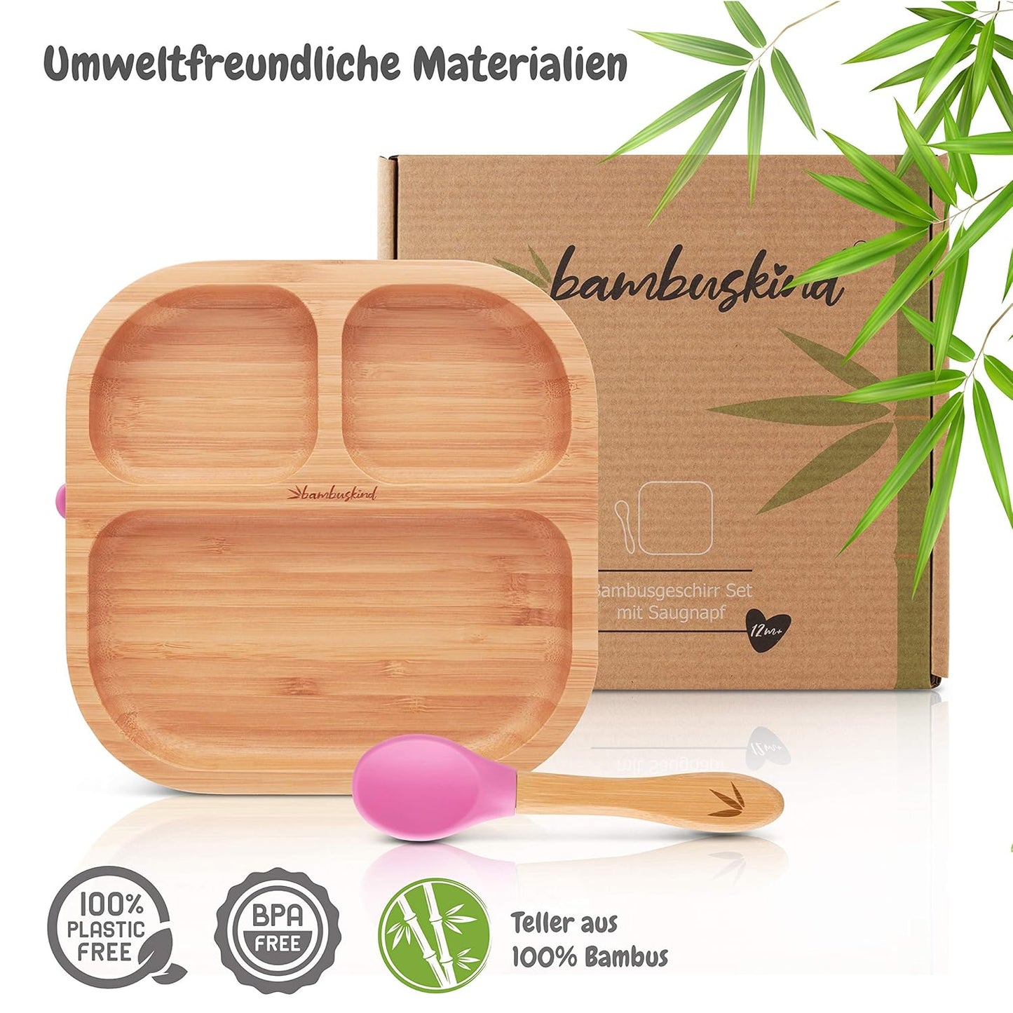 Kinderteller mit Saugnapf aus Bambus, Pink