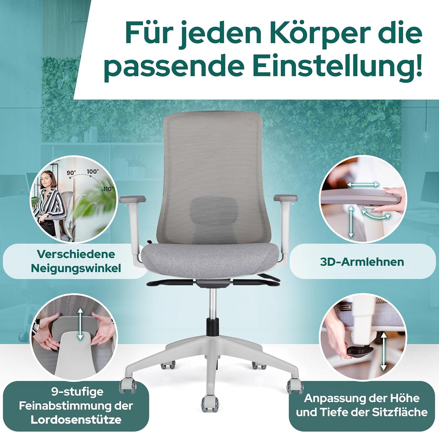Ergonomischer Bürostuhl mit Lordosenstütze, Ohne Kopfstütze Hellgrau/ Grau