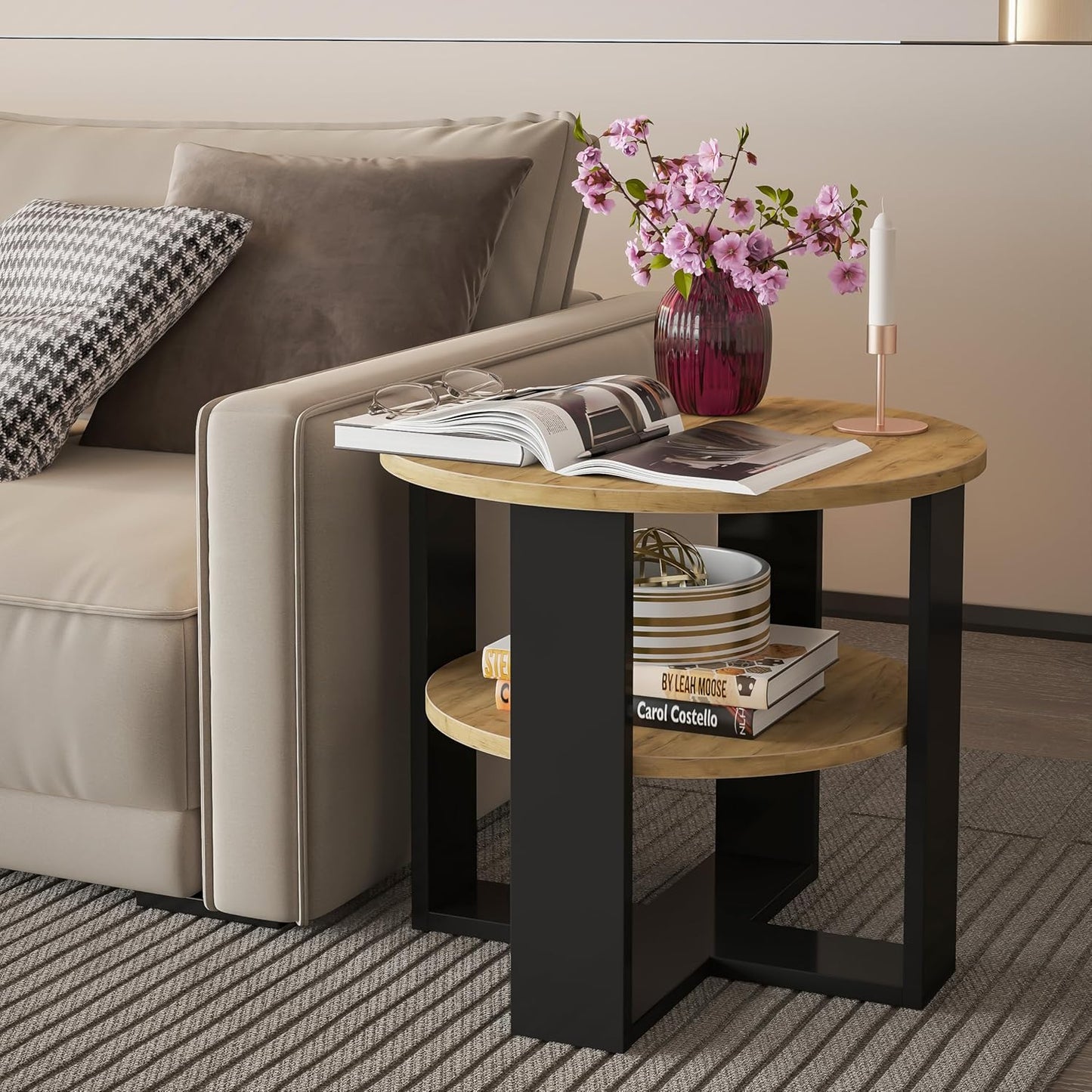 Runder Couchtisch mit Ablage, Schwarz & Eiche Durchmesser: 53CM