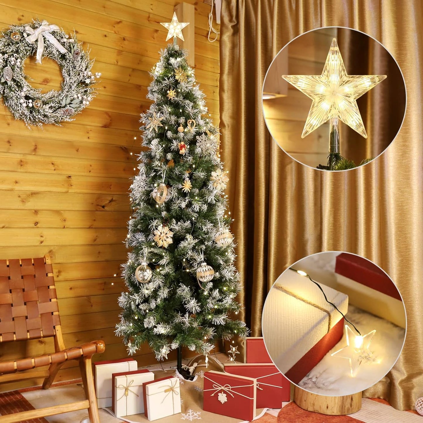 Christbaumbeleuchtung mit 10 Girlanden und 1 Weihnachtsbaumspitzestern, Warmweiss Sternspitze Usb 2m