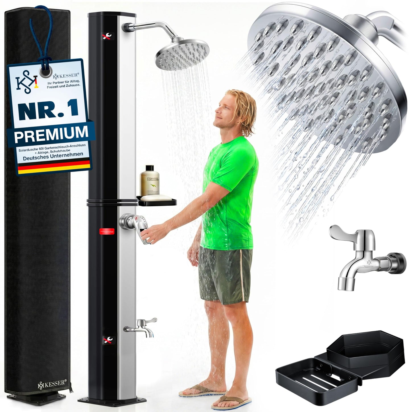 Solardusche mit Regenduschkopf, Ablage und Schutzhaube, 60 Liter Schwarz / Silber