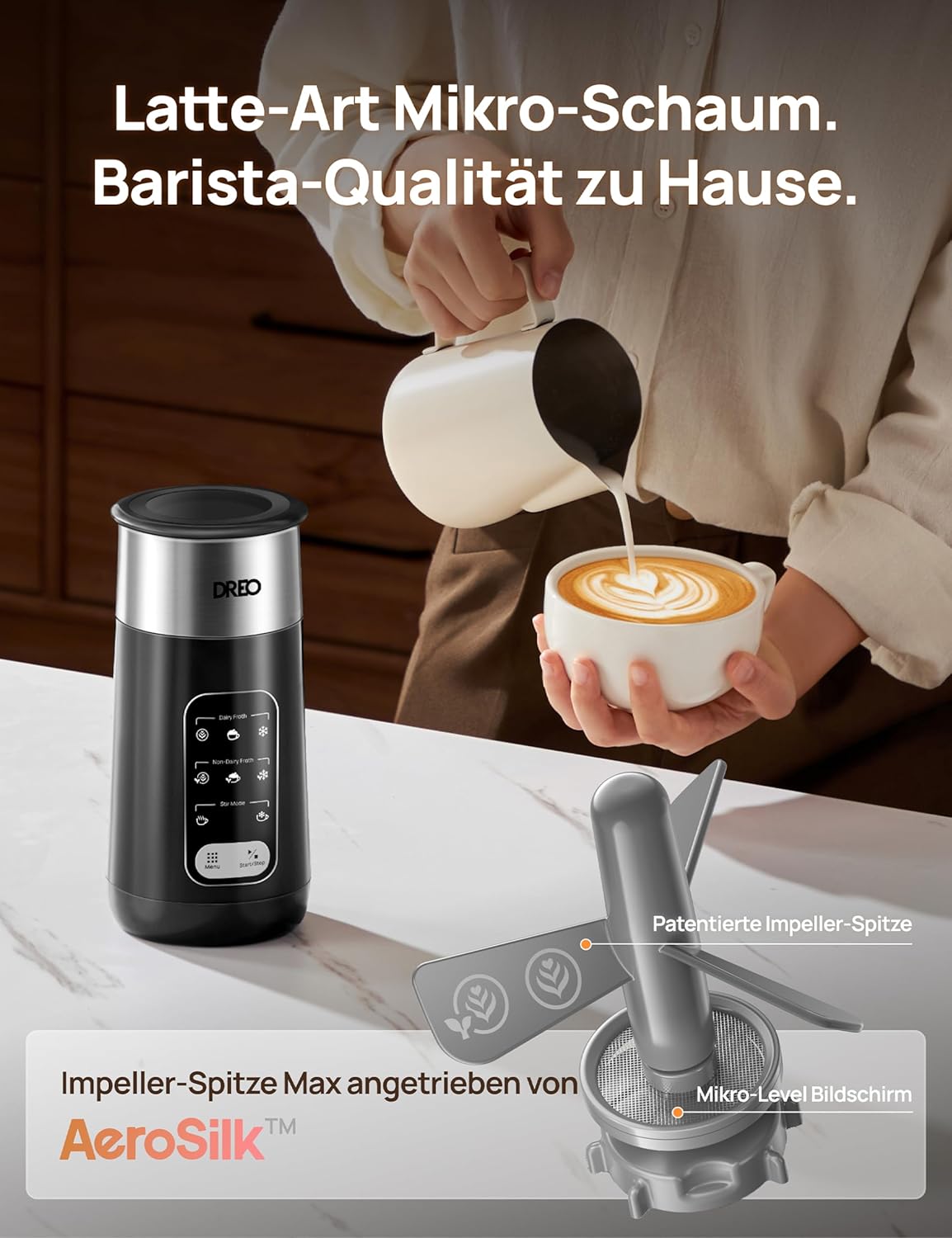 Elektrischer Milchaufschäumer 8-in-1 für Kaffeegetränke, Schwarz