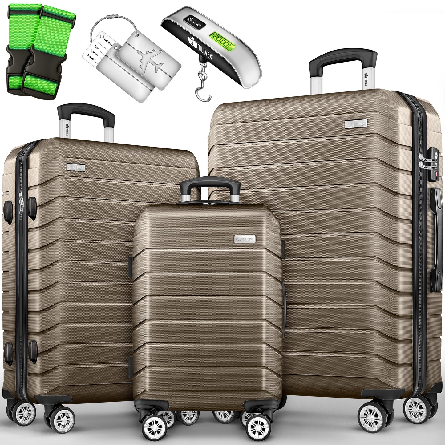 3-teiliges Reisekoffer Set mit Gepäckwaage & Kofferzubehör, Roségold Kofferset 3tlg