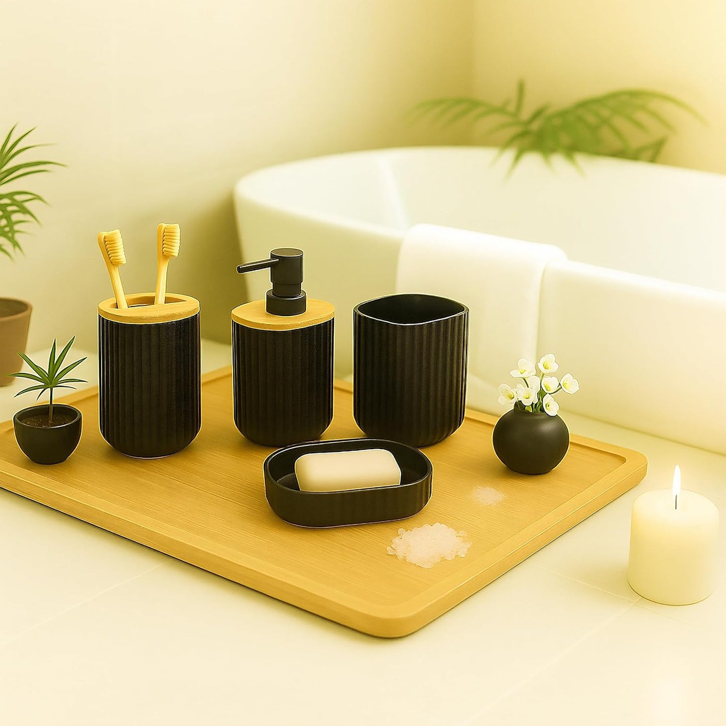 6-teiliges Badezimmer-Zubehörset, Schwarz/Natur