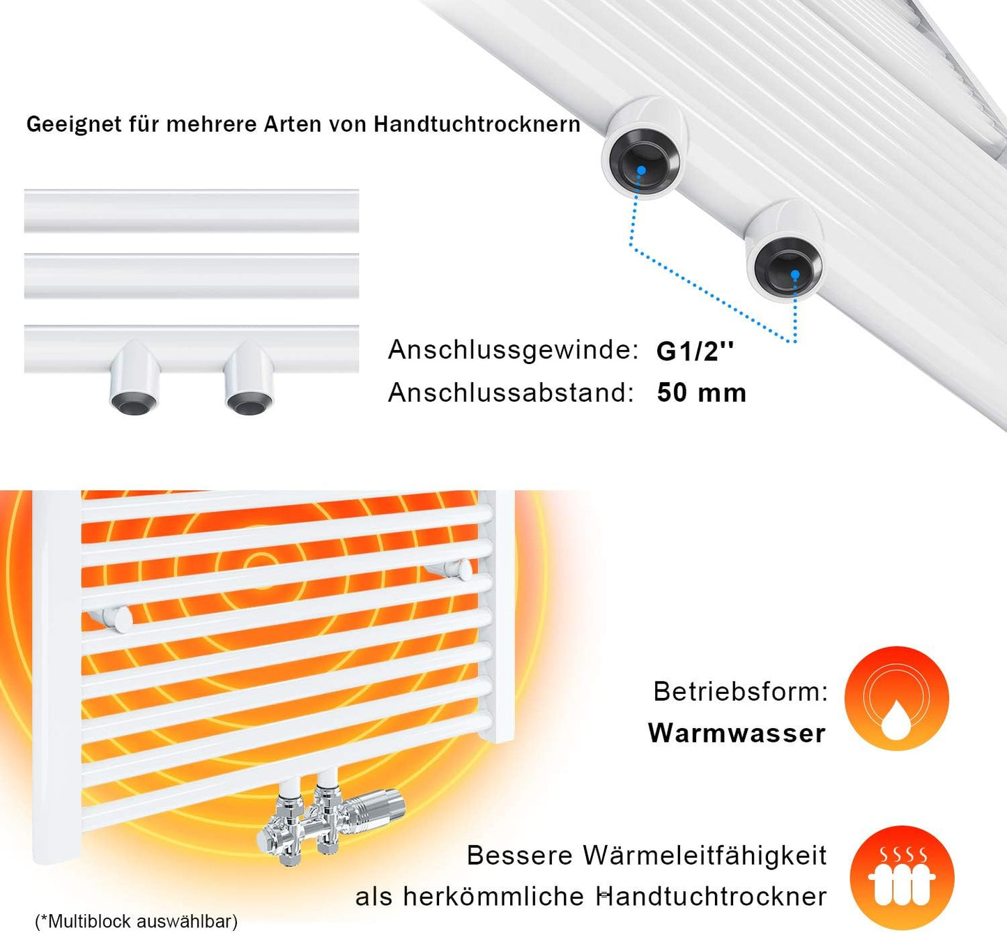 Handtuchheizkörper mit Mittelanschluss, 60 x 120 cm, Weiß 60x120cm