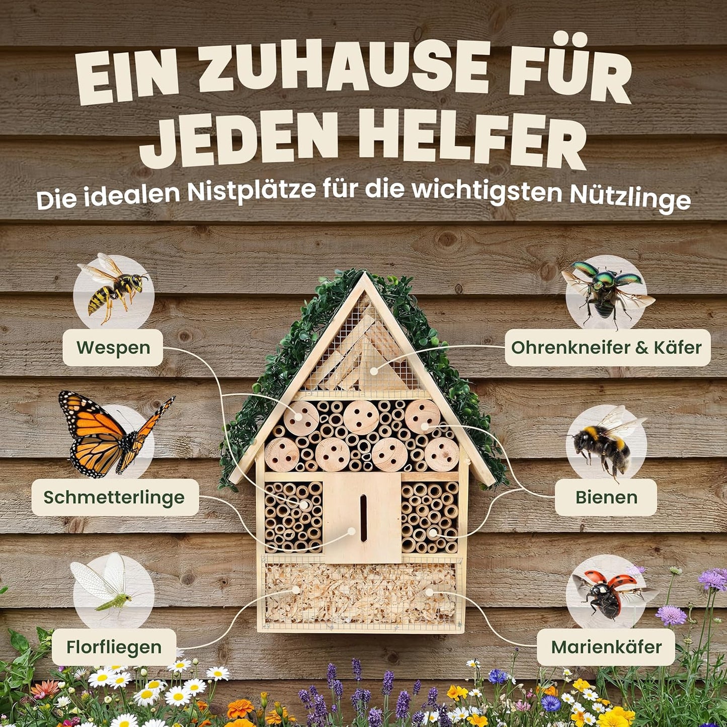 Insektenhotel XXL mit Bambus Röhrchen (39 cm), XXL Insektenhotel – Efeu Dach (39 cm)