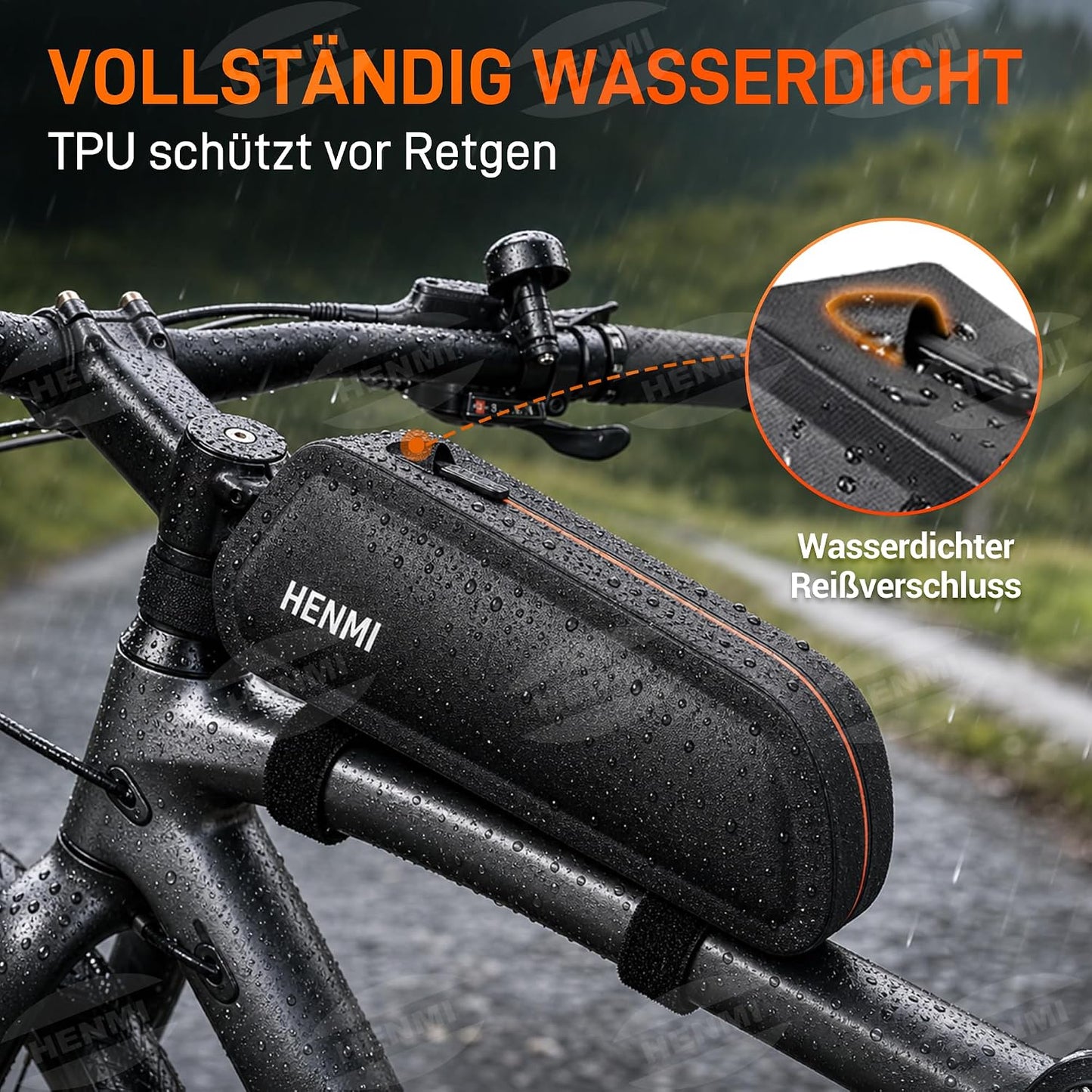 Oberrohrtasche für Fahrrad, wasserdicht, 1,3L mit Reissverschluss