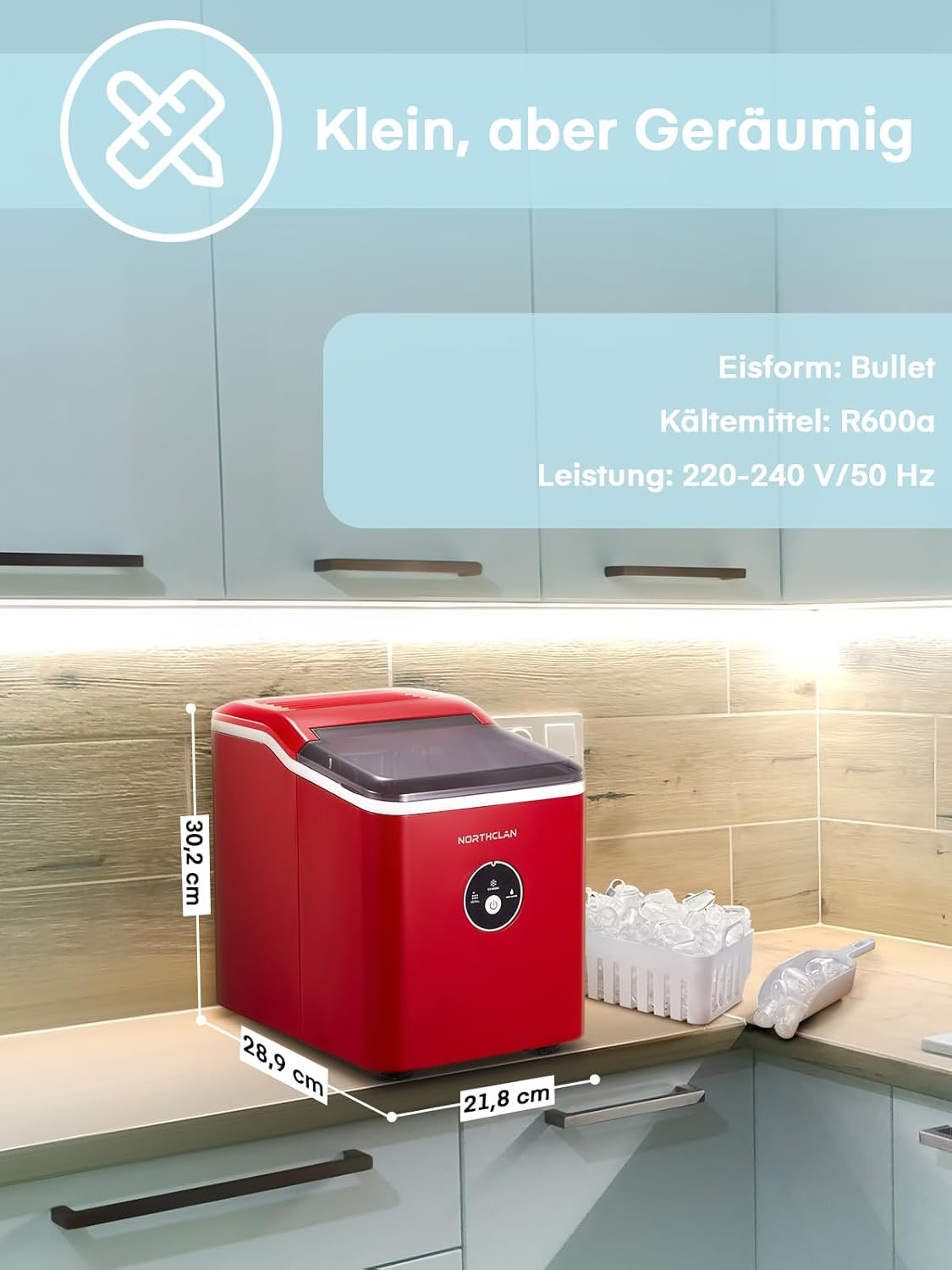 Eiswürfelmaschine mit 14 kg Kapazität, leise und kompakt, Light Grey
