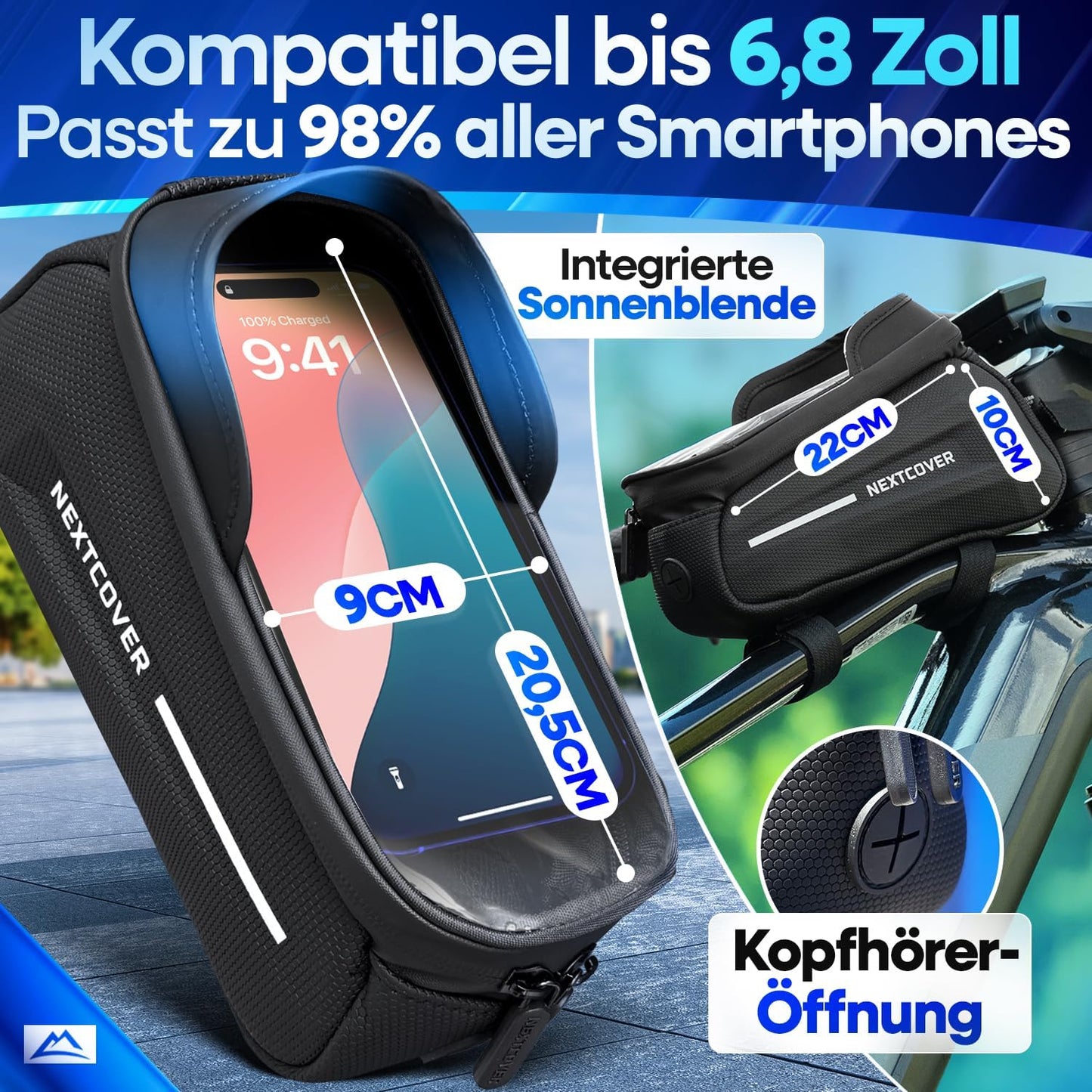 Velo-Rahmentasche mit Handytasche und Touchscreen, Schwarz