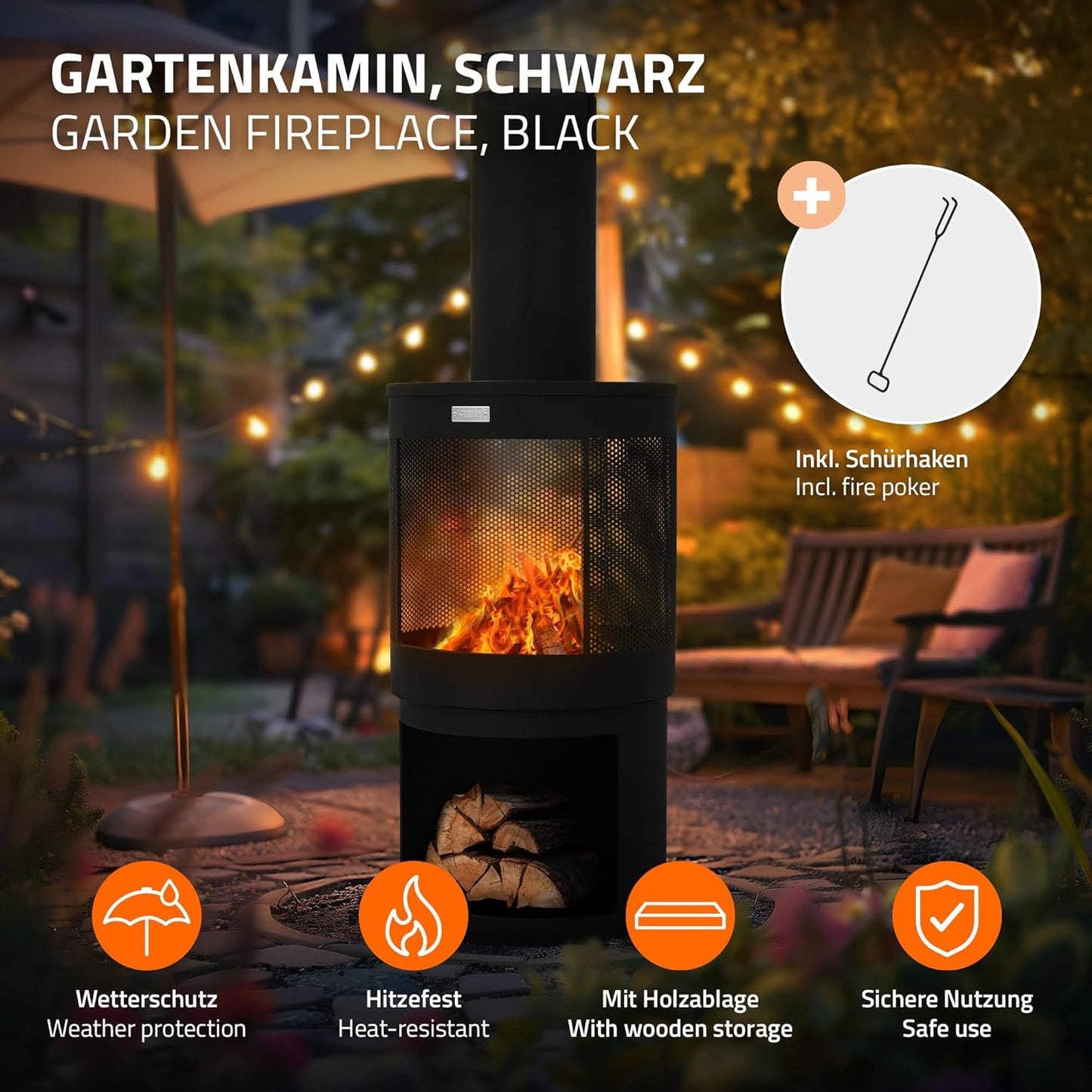 Gartenkamin mit Schornstein und Holzablage, 131 x 45 cm - rund
