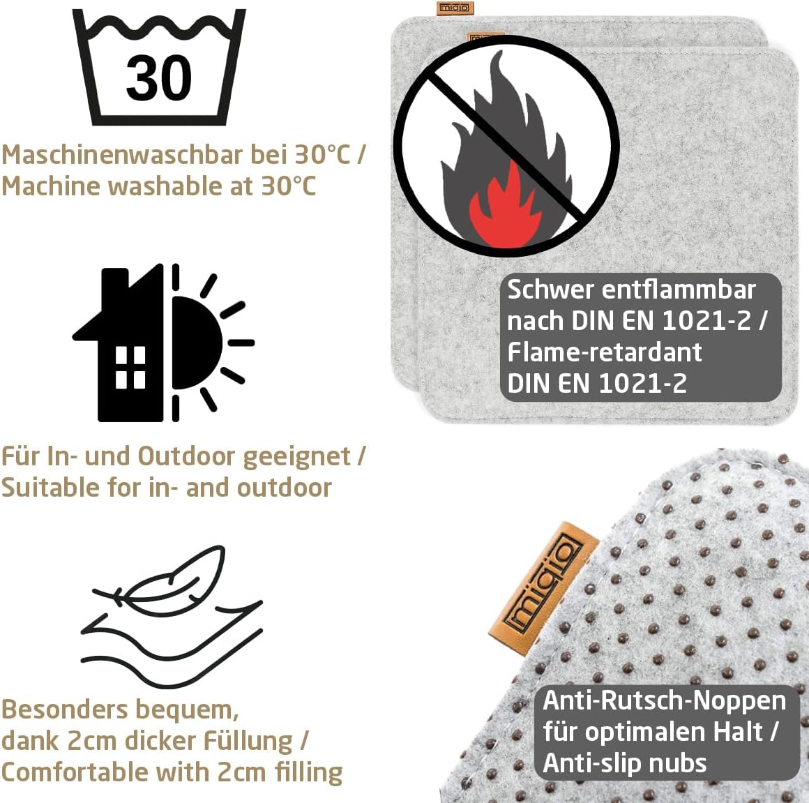 Filz Sitzkissen-Set mit Antirutschnoppen (4 Stück), 35x35 cm, 4er-Set Graumeliert mit Echtleder-elementen