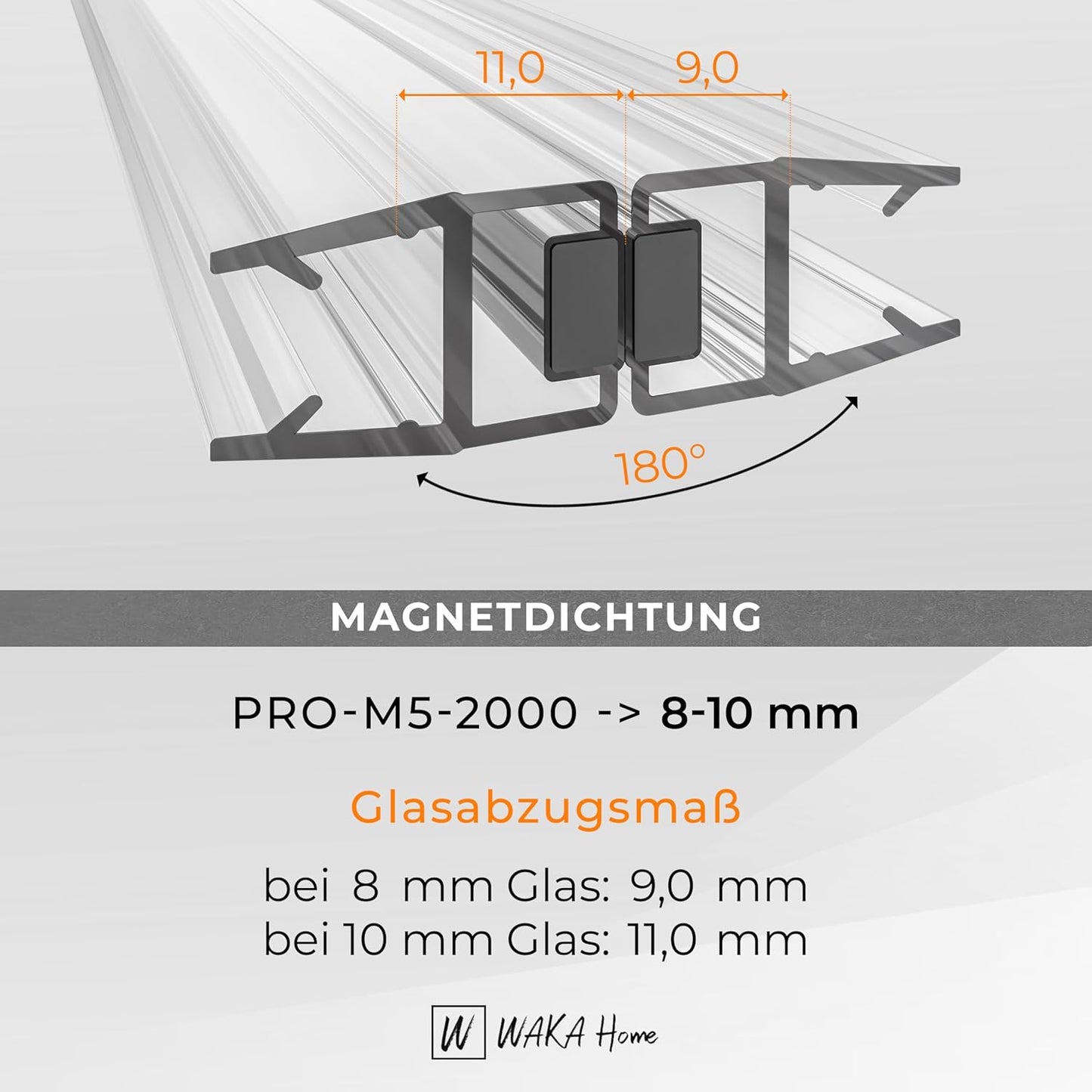 Magnetische Duschdichtung für Glastüren, Transparent 8-10mm Glas | 180°
