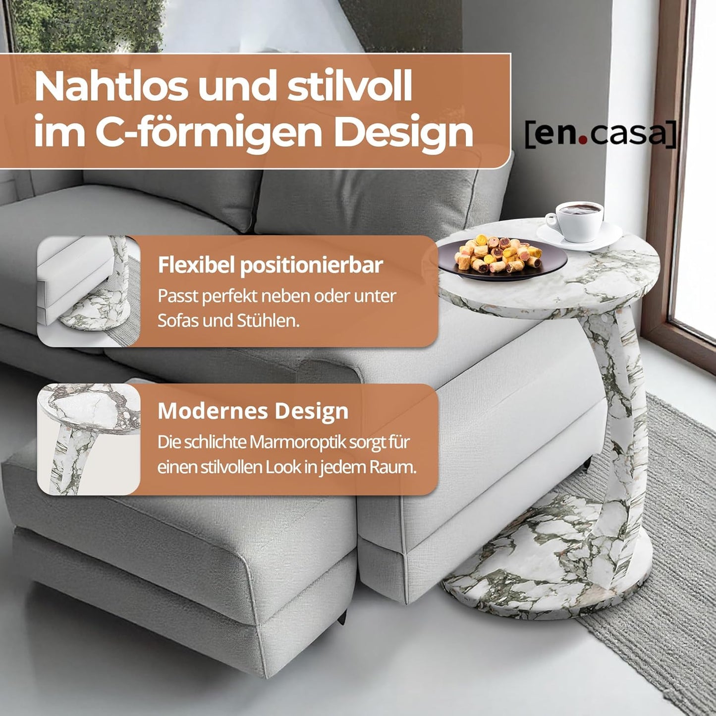 Beistelltisch Holeby auf Rollen mit Marmoroptik, Marmor, Cremeweiss