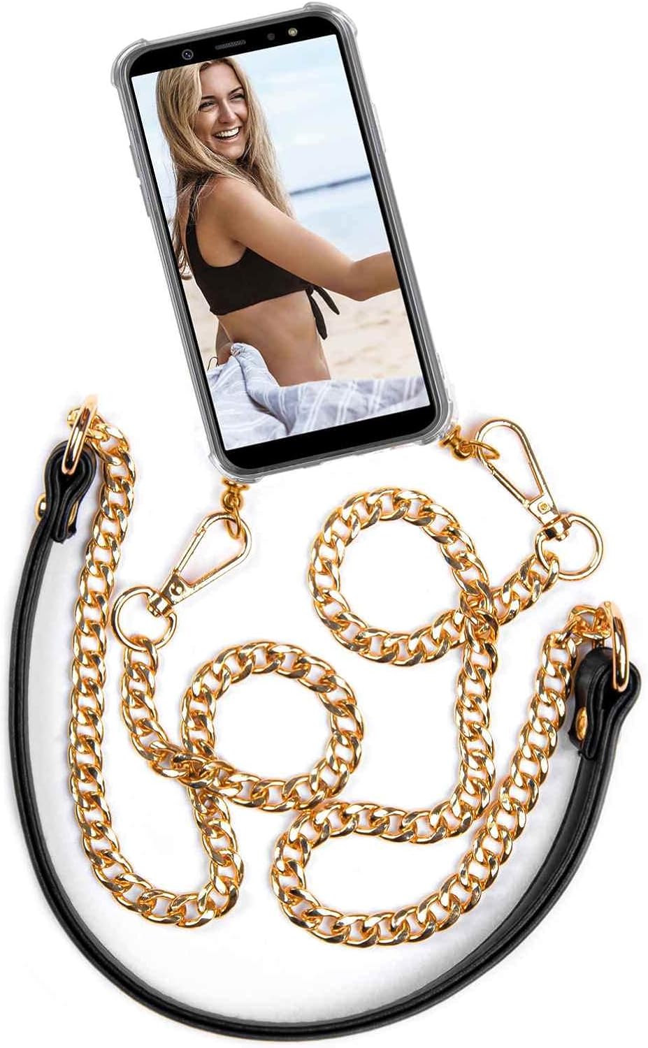 Handykette mit abnehmbarer Hülle für OnePlus 9 Pro, Gold mit schwarzem Band