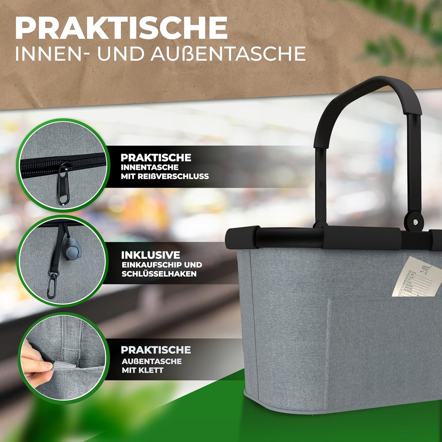 Grosser stabiler Einkaufskorb mit Front- und Innentasche, Grau