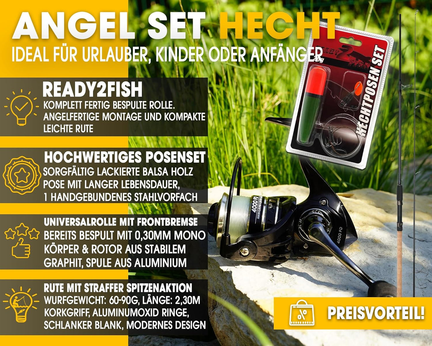 Steck Angelset Rute Rolle mit Zubehör für Hecht, Angelset Hecht