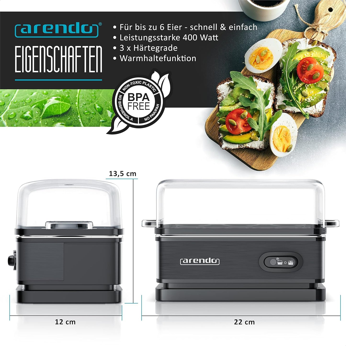 Eierkocher Sixcook mit Warmhaltefunktion, C: Schwarz