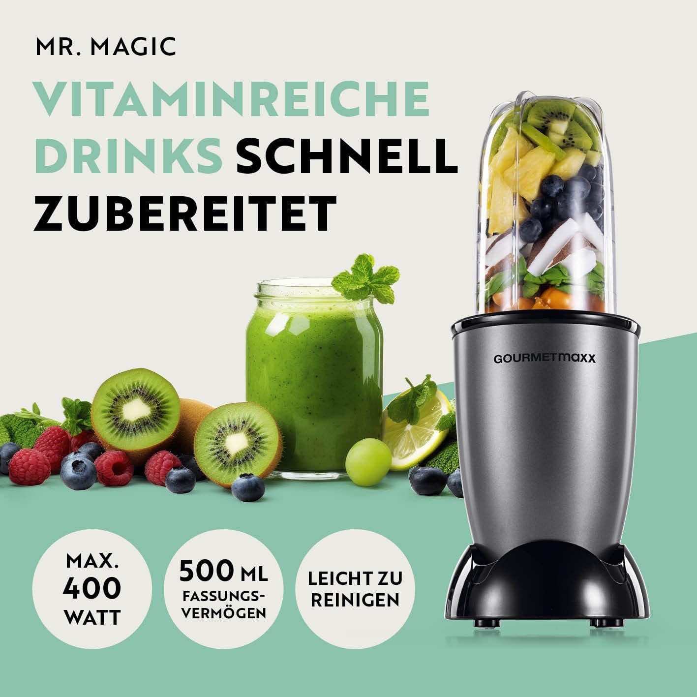 Power Pro Mixer für Smoothies, Mr. Magic Power + | 400W | XL-Set Anthrazit | Schwarz