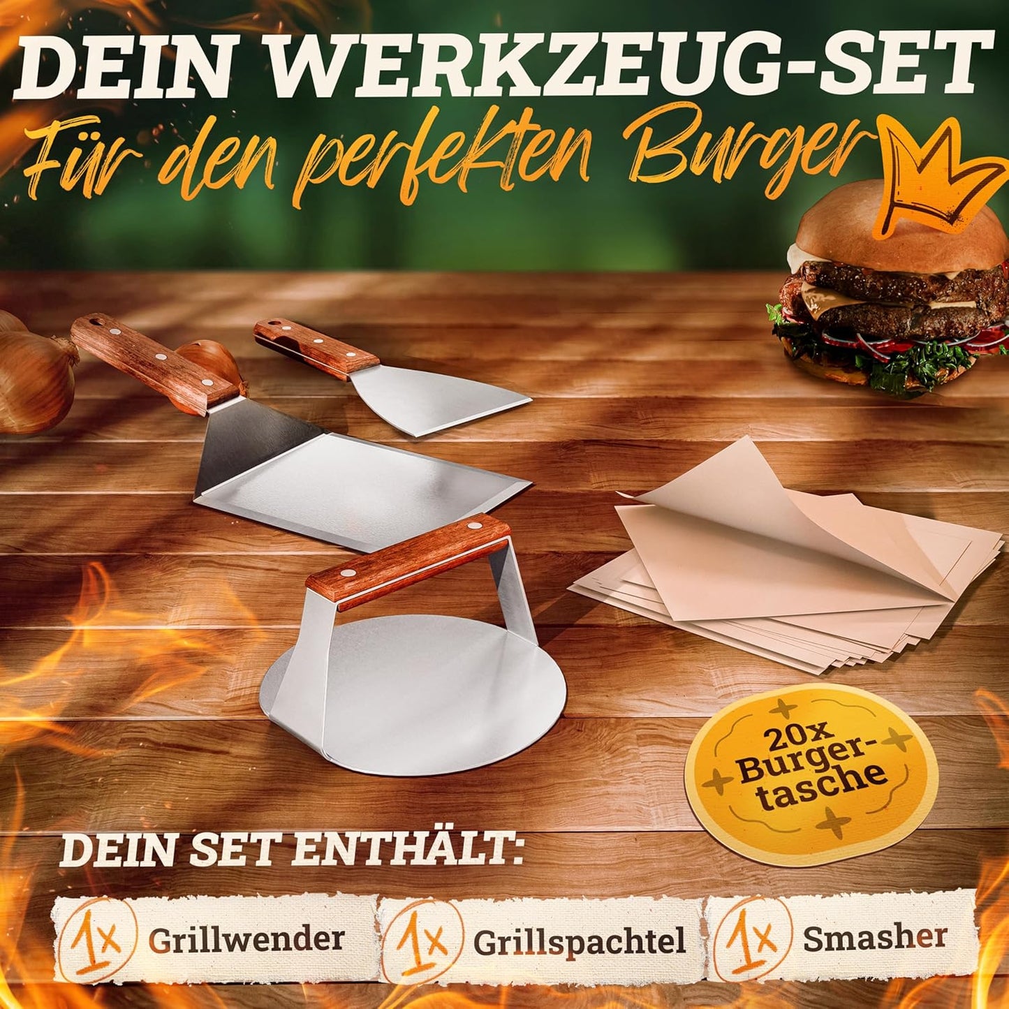 Grillplatte & Burger-Smasher-Set, Bundel: Plancha-set & Burger Smasher-set 30x40cm