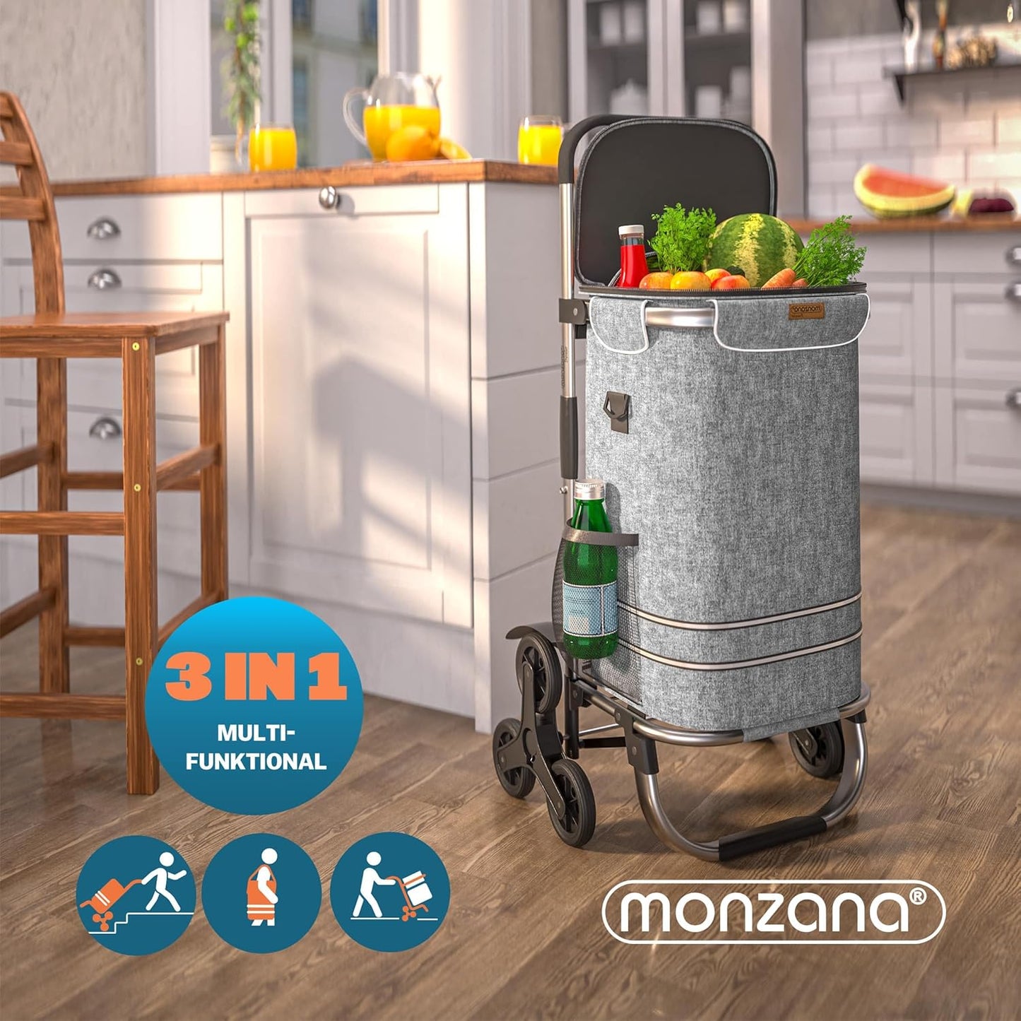 3in1 Einkaufstrolley mit Treppensteiger-Funktion, Grau