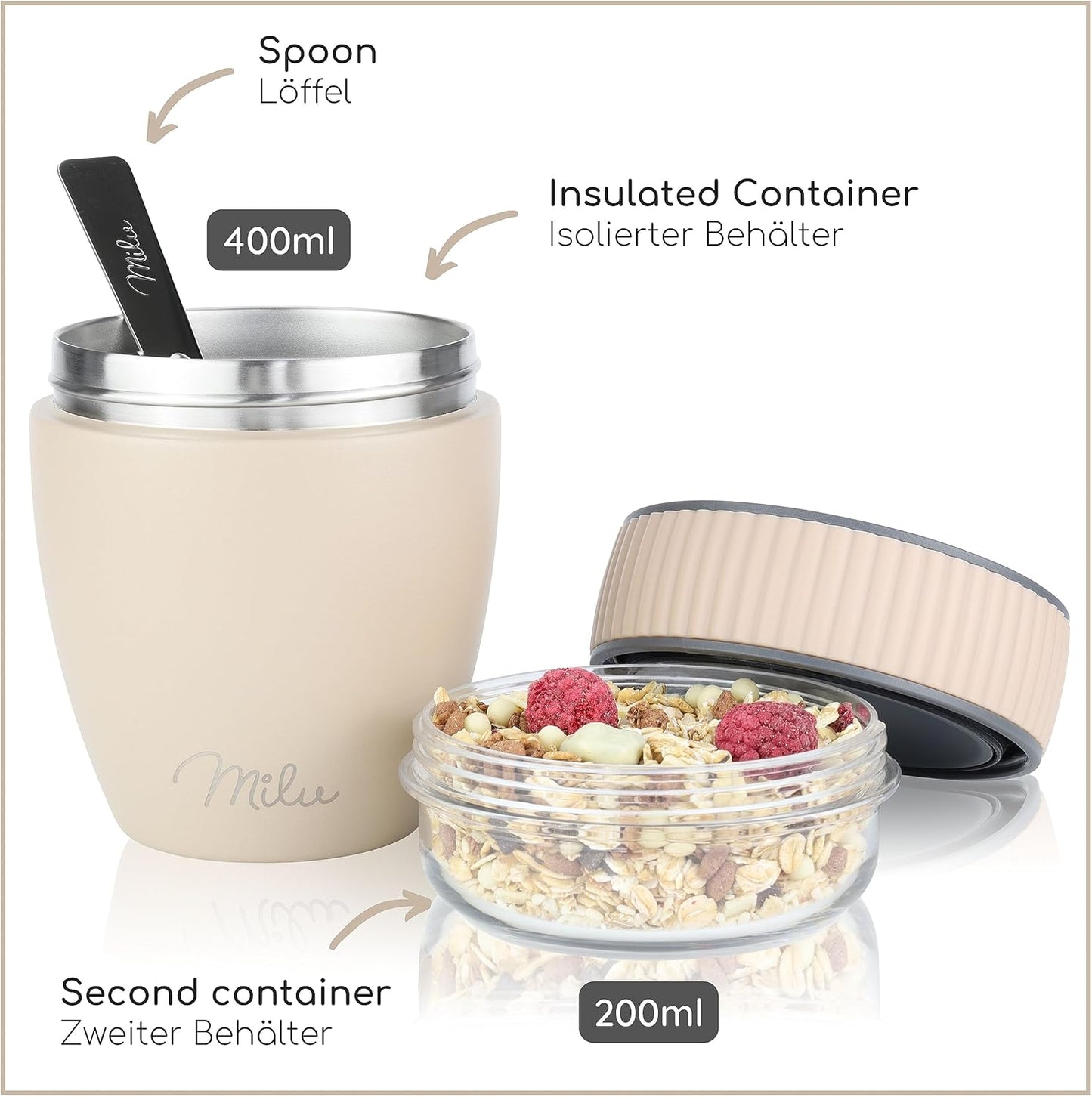 Isolierter Müslibecher mit Löffel, Beige Edelstahl