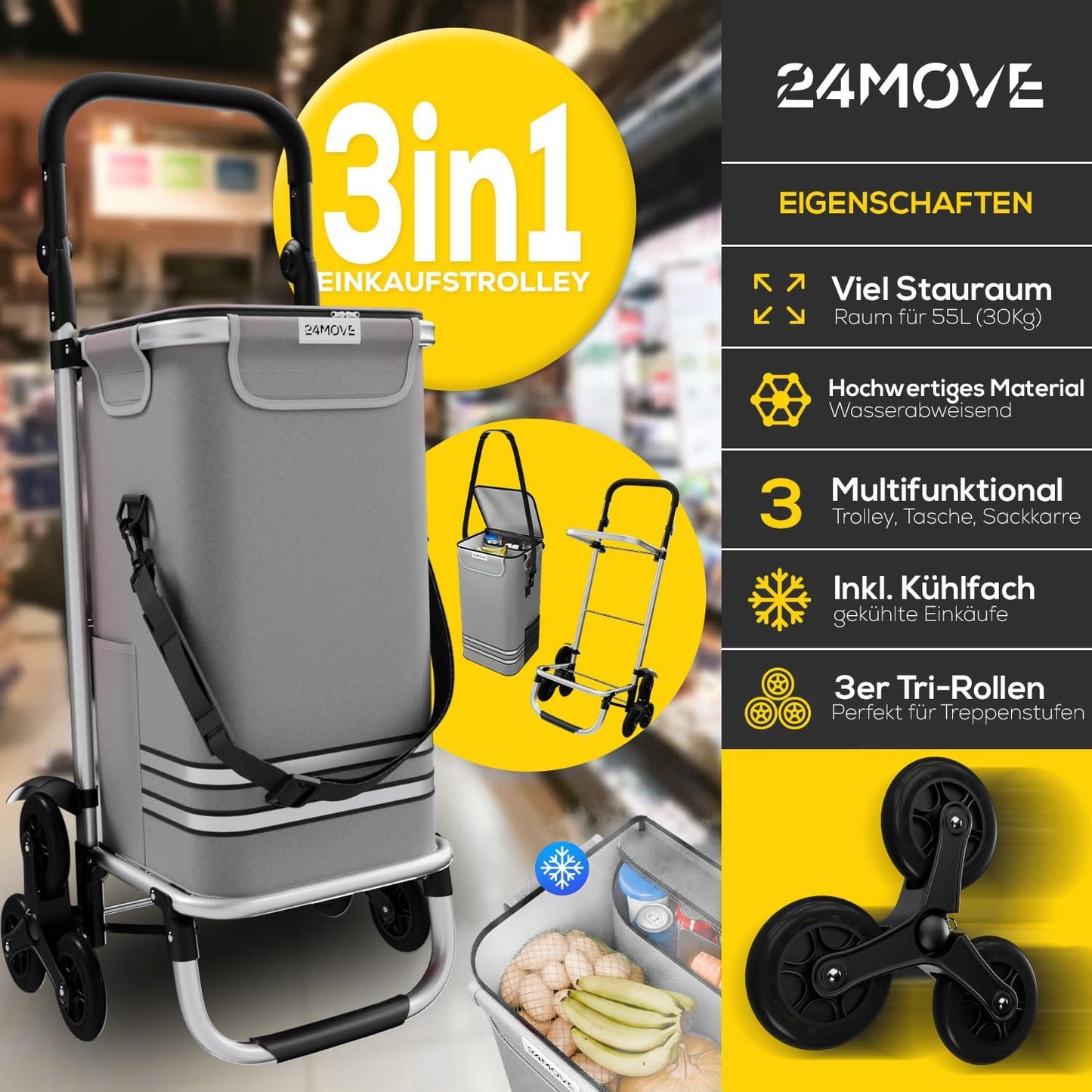 3-in-1 Einkaufstrolley klappbar mit Kühlfach, Treppensteiger, Treppenrad Grau