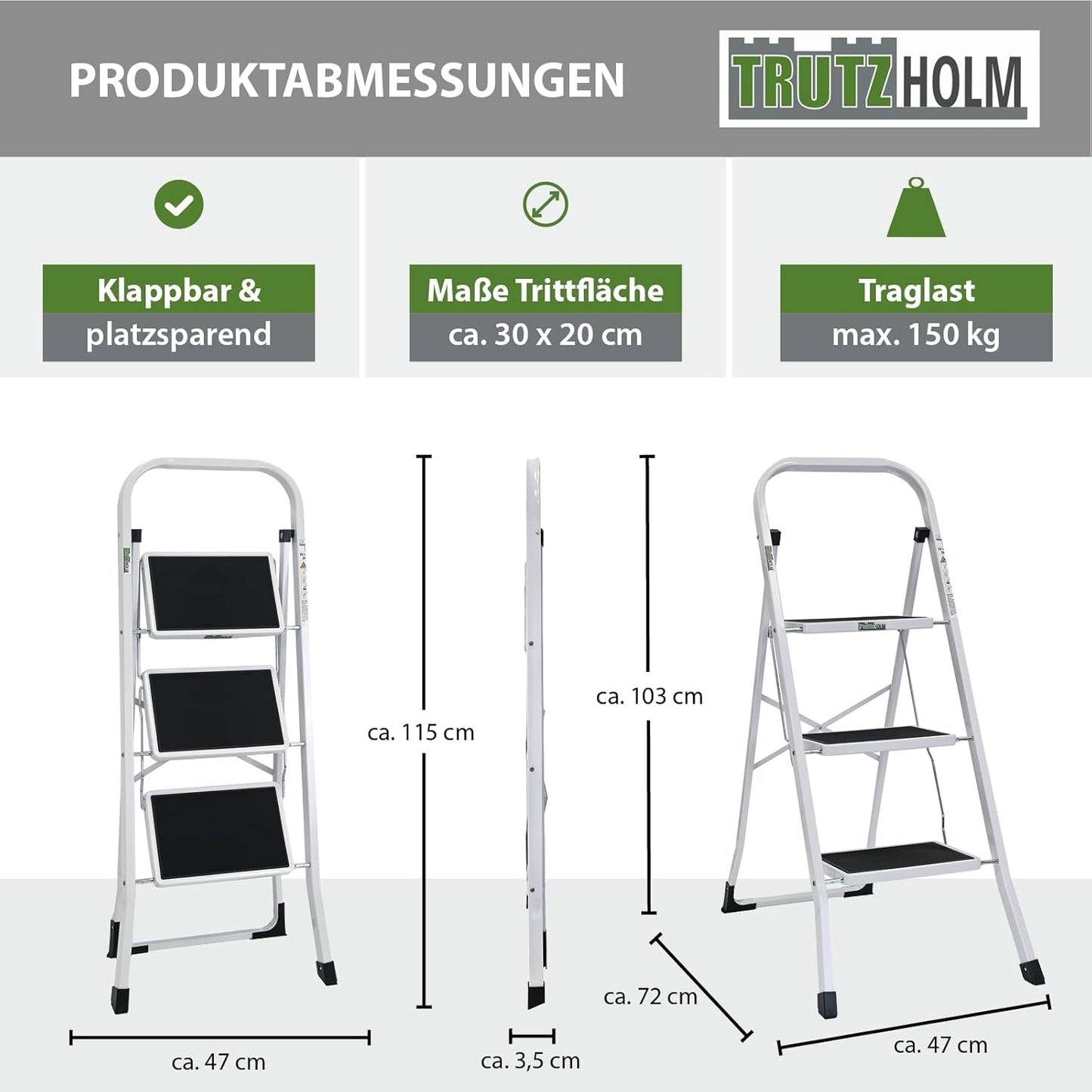 Klapptritt mit 3 Stufen und Sicherheitsverriegelung, 3 Stufen Weiss