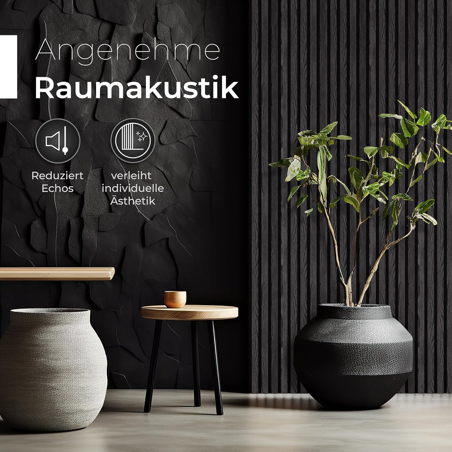 2 Stück 3D Akustik-Wandpaneele (120x60cm), 2 Stück / Techwood auf schwarzem Akustikfilz, 120x60cm