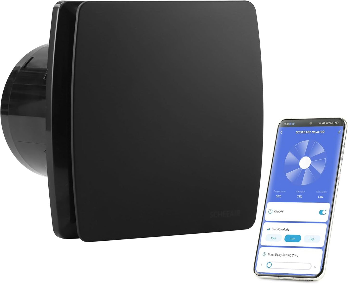 Nova100 WiFi-Badlüfter mit Sensoren und Timer, Schwarz