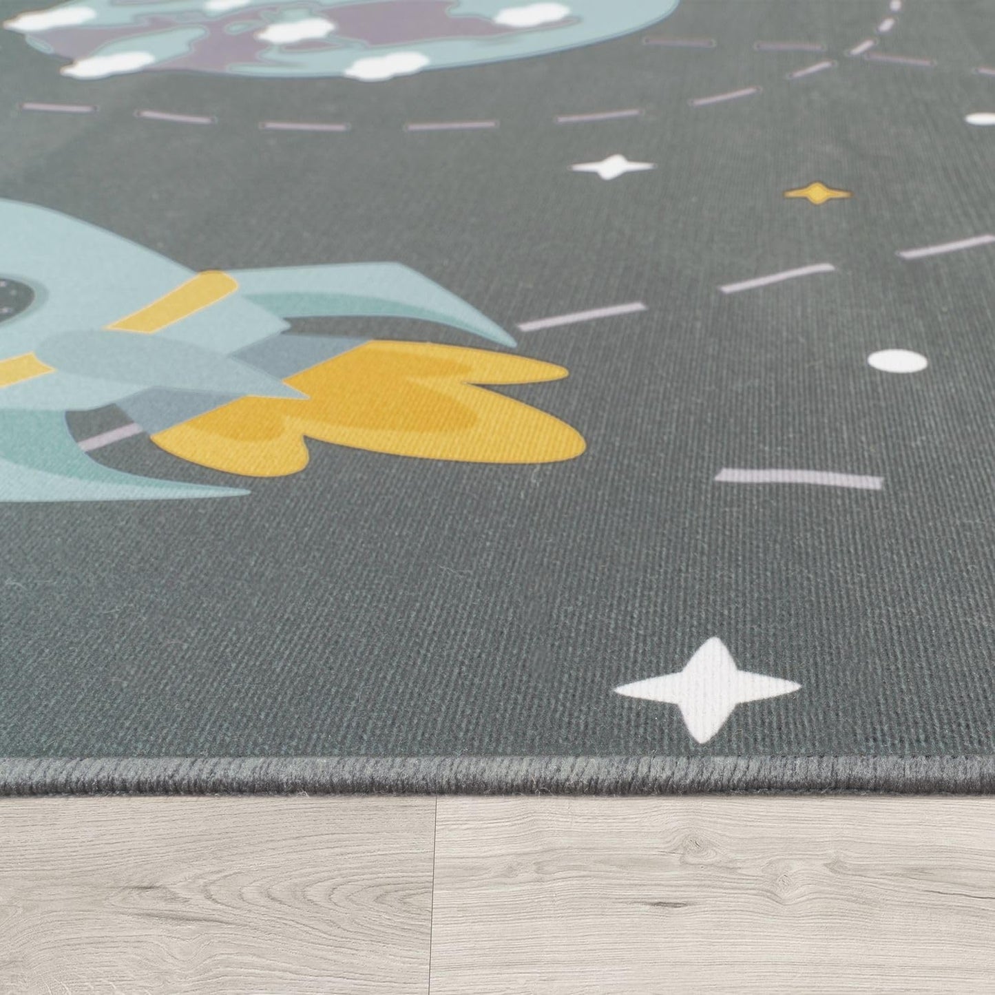 Kinderzimmerteppich Teppich Kinderteppich Rutschfest Planeten Sterne Raketen, 160 cm Round Grau Blau Gelb