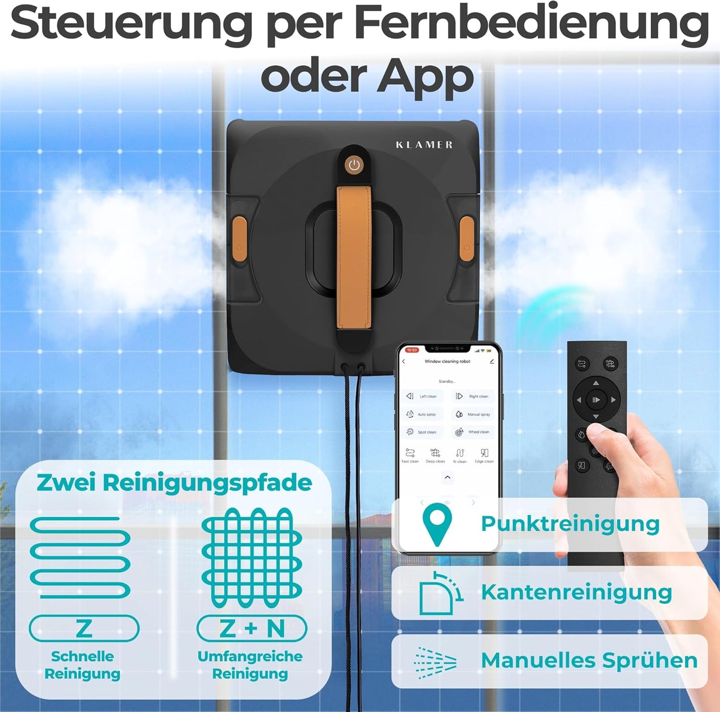Fensterputzroboter, Kompakter Fensterroboter mit automatischer Kanten-Erkennung, Schwarz