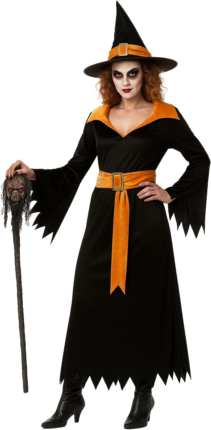Hexen Kostüm mit Hut für Damen, S Gold